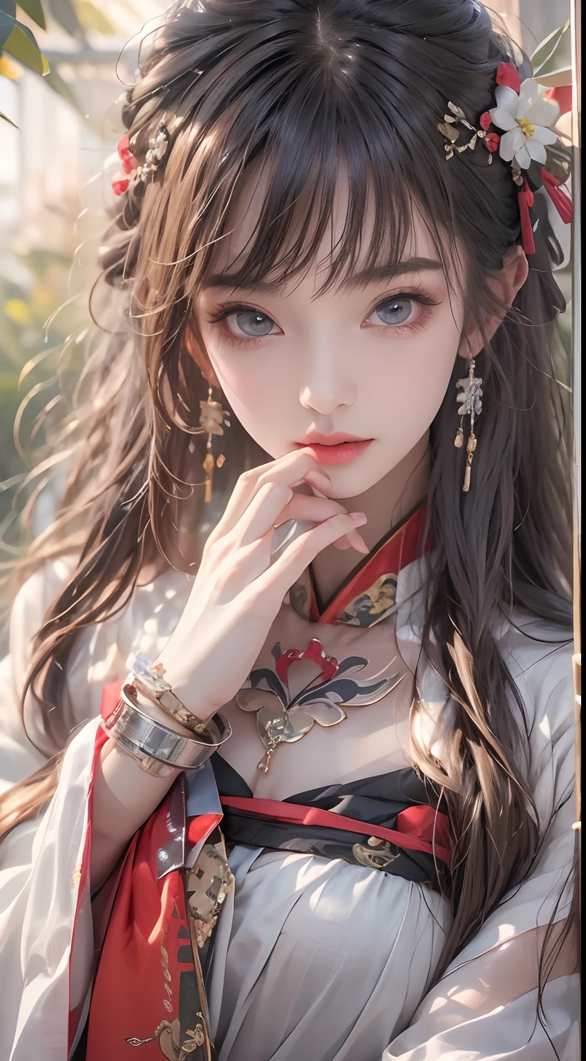 Photorealistic, high resolution, 1 woman, Hips up, Beautiful eyes, Long hair, ringed eyes, jewelry, tattoo, Hanfu, Chinese fairy, Taoist uniform