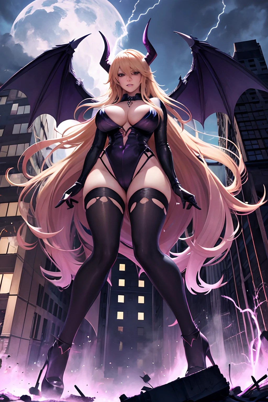 Stormy Daniels as a hyper-giant, Hyper-powerful demon with a demon horn on its head and demon wings, and throws purple lightning bolts at a building and smashes buildings , ville en ruine post apocalyptique,
