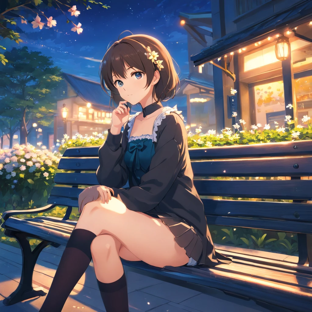 (Masterpiece),((high high quality)),(best beautiful:1.2),(artwork of a),((3D stereoscopic design)),8K,one-girl,Has a cute face,Short yellow hair,Light blush and light freckles,Big blue eyes,Wearing a black lace top,Wear black stockings,Sitting on a park bench,Her eyes were focused into the distance,She is a model,((Flowers in the background)),Sense of light,Enchanted expression,artistic design,Three-dimensional,close lens,Close-up Shot Shot,((Hazy)),Sense of night,Shadow contrast,