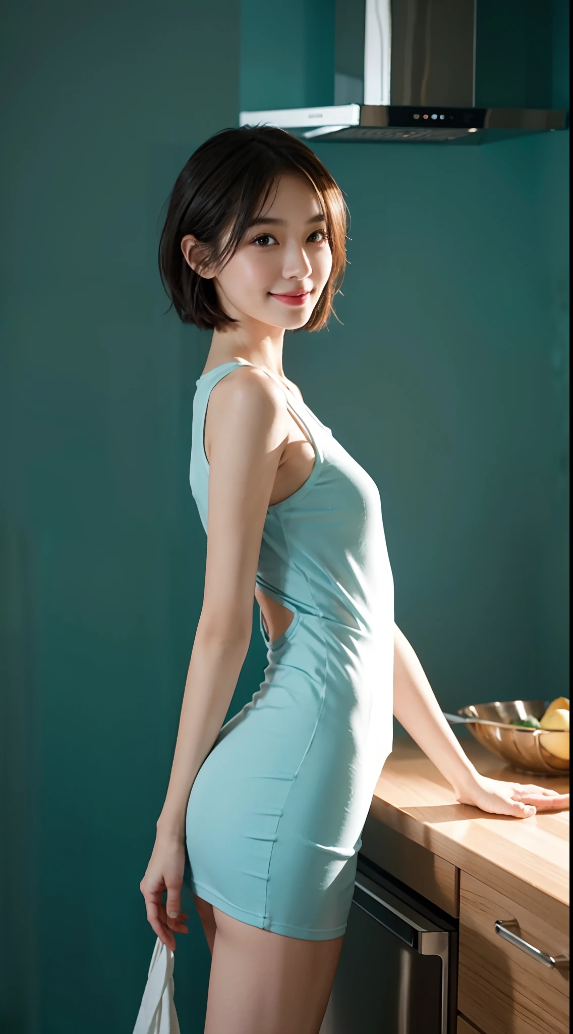 small head, (Well-defined abs: 1.1), (perfect bodies: 1.1), (short-length straight short hair: 1.2), （极其细致的CG 8k壁纸），（Extremely refined and beautiful），（tmasterpiece），（best qualtiy：1.0），（超高分辨率：1.0），upper body，[A high resolution]，cheerfulness，Smile，Smooth and flawless fair skin，ultra - detailed ，Elongated legs，（Small breasts:1.1),Flat chest,Slim，emaciated，（White suspender wrap buttocks tight fitting dress short skirt:1.4),In a kitchen，Teal background，Next to the stovetop，Cooking，from front，Close shot，nightfall，warm light,Several dishes on table，standing