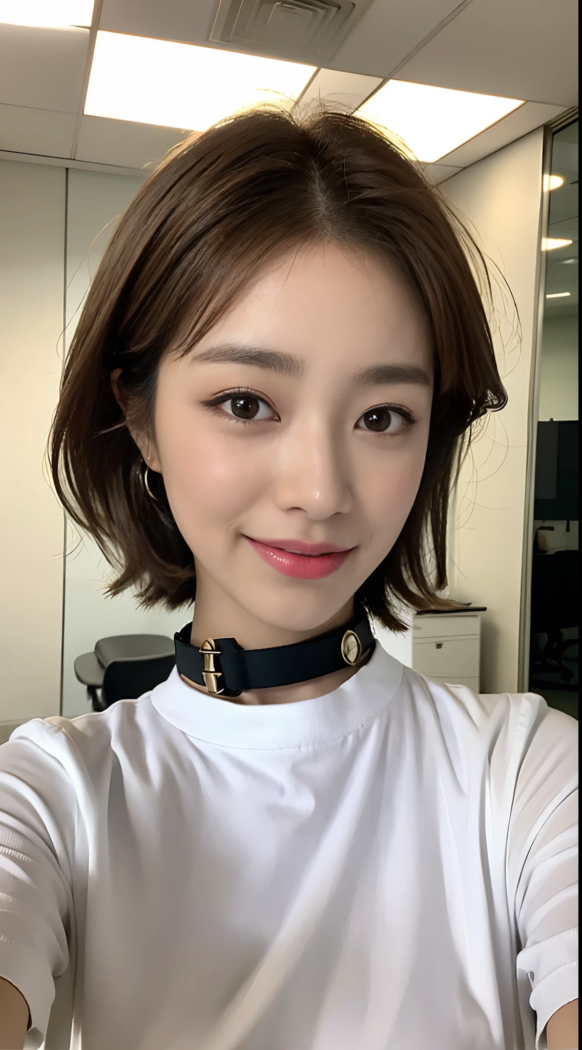 ((top-quality、8K、masterpies:1.3、Being in the company、OL、Office Casual Setup、Big under a white shirt with collar))、1girl in、Slim Beauty:1.3、Super Detail Face、Delicat eyes、二重まぶた、facial expression of smile、full body Esbian、Pink hair、Suntan-Skin、20yr old、bobhair、short-cut、erotick、Sensual look、stare