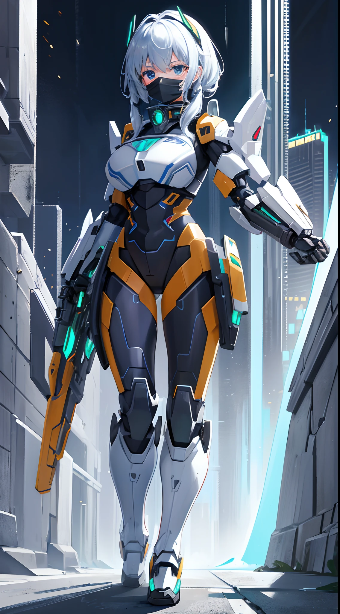 Mechanical, Mecha, solo person, Solo,(gigantic breasts:0.8)，European knights，machine girl，Para cobrir seu rosto，Full cover mask，Black iron boots，Black hand armor，Full body like，Stand at the night of the aurora，Walk in the wilderness，white backgrounid，simplebackground, technological background,