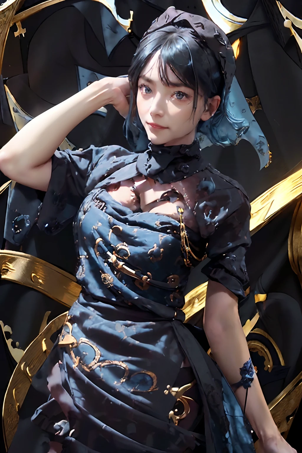 ((top-quality、8K、​masterpiece:1.3)), (Medium Hair, Beautiful hairstyle, lightbluehair:1.5)、(gold foil, Intricately drawn paisley pattern, Delicate workmanship, ((Black Fabric:1.4)), maid dress:1.5), Clear, Fine-grained skin、Beautiful clear eyes、cleavage of the breast、Carefree and natural smile、(Hair disheveled in the wind:1.3)、Beautiful girl with a smile、(thin-waist:1.3)、(Dynamic and provocative poses:1.2)、(Backshots)、(NSFW:1.2)