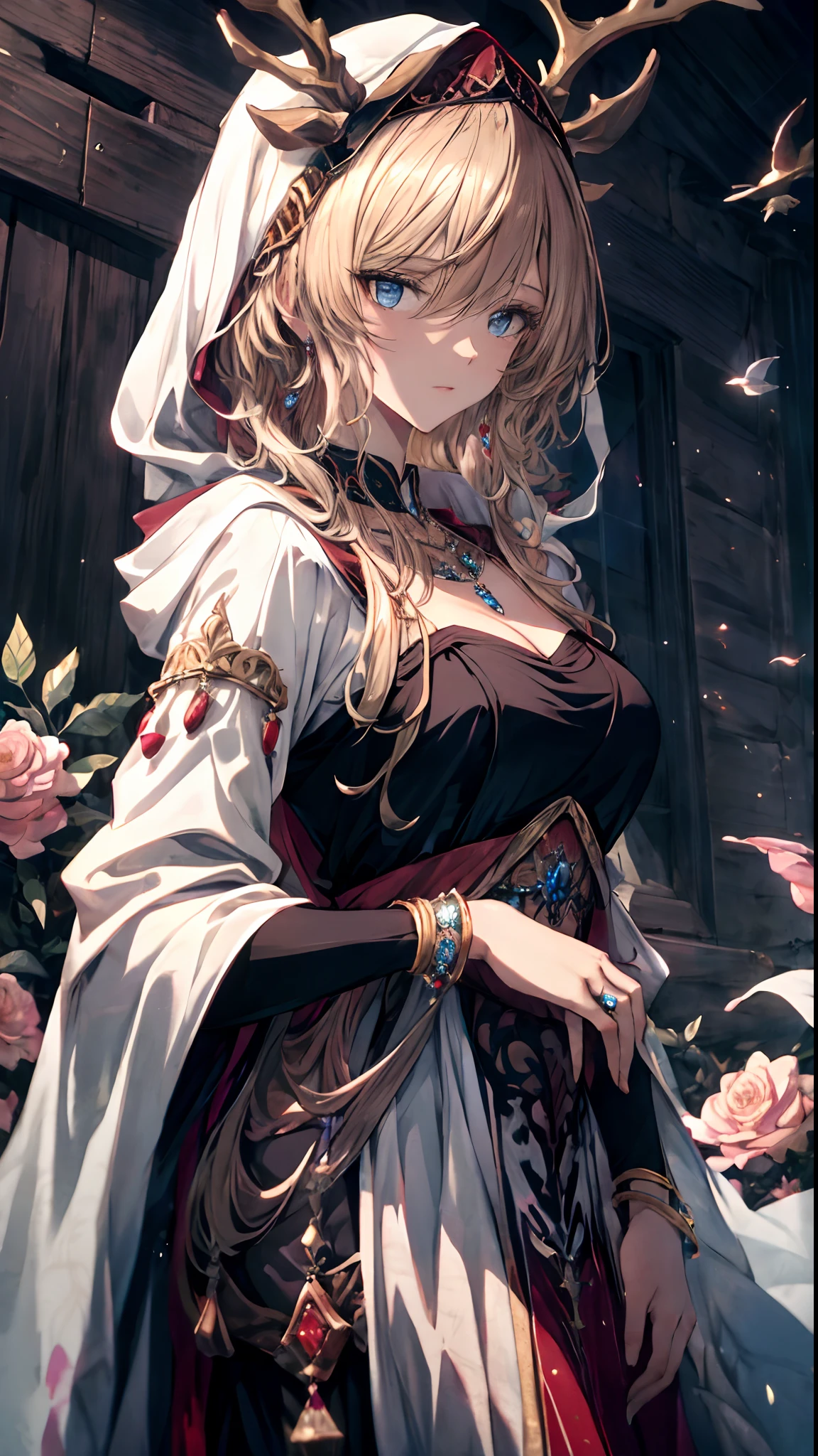 (Best quality, 4K, 8K, A high resolution, Masterpiece:1.2), Ultra-detailed, Noble maiden, Exquisite facial features，Long blonde curly hair details expressed, Graceful posture, Dreamy atmosphere, expressive brush strokes, mystical ambiance, Artistic interpretation,Delicately coiled hair，Floral jewelry with exquisite details, Crystal diamond jewelry，Small fresh aesthetics，Stunning intricate costumes, Fantasy illustration, Subtle colors and tones, The details have been upgraded
