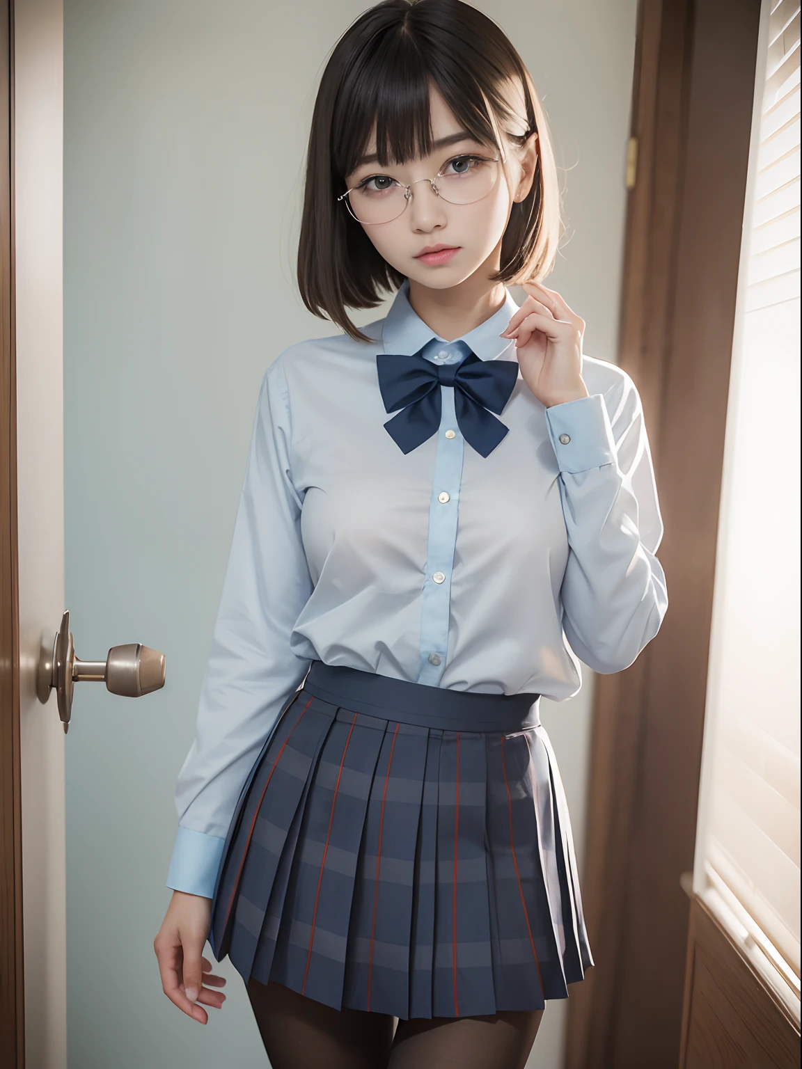 (8K、Raw photography、top-quality、masterpiece:1.2),watching at viewers,Looking at the front,Short ponytail,Bullish,Muchimuchi,Erotic,Pupils,Light Blue Bra,de pele branca,kne,(Black pantyhose),absurderes,a small face,small tits,flat breast,Parting the bangs from the middle、Forehead visible,(be shy,Tight eyes,glares,Bullish,skinny,Rasping,irate)、masterpiece,top-quality、超A high resolution,Raw photo,ren,Beautiful fece,One Person, 独奏,eye glass,,Small breasts,fullllbody,Round glasses、cute little、Back to Student,JK school uniform,hi-school girl,A Japanese Lady,is standing,(Photorealsitic:1.37)、Photon mapping,Realistic、Cute little face,Brown-eyed、Black socks、(Red bow tie)、Radio City、Physically Based Rendering、Foreground、depth of fields、Blurry background、a picture,The girls、Body,beauty legs, Long legs, Thin leg,Tie your hair into one strand on your chest,(Bangs are visible), hair, s lips, Blue_The eye, nosesoft,(Light blue shirt), (Navy and blue and white plaid pleated skirt), Knees are visible,Sheer clothing,, Thigh, Black cotton socks,Nogizaka Idol, 女優, Japanese ido