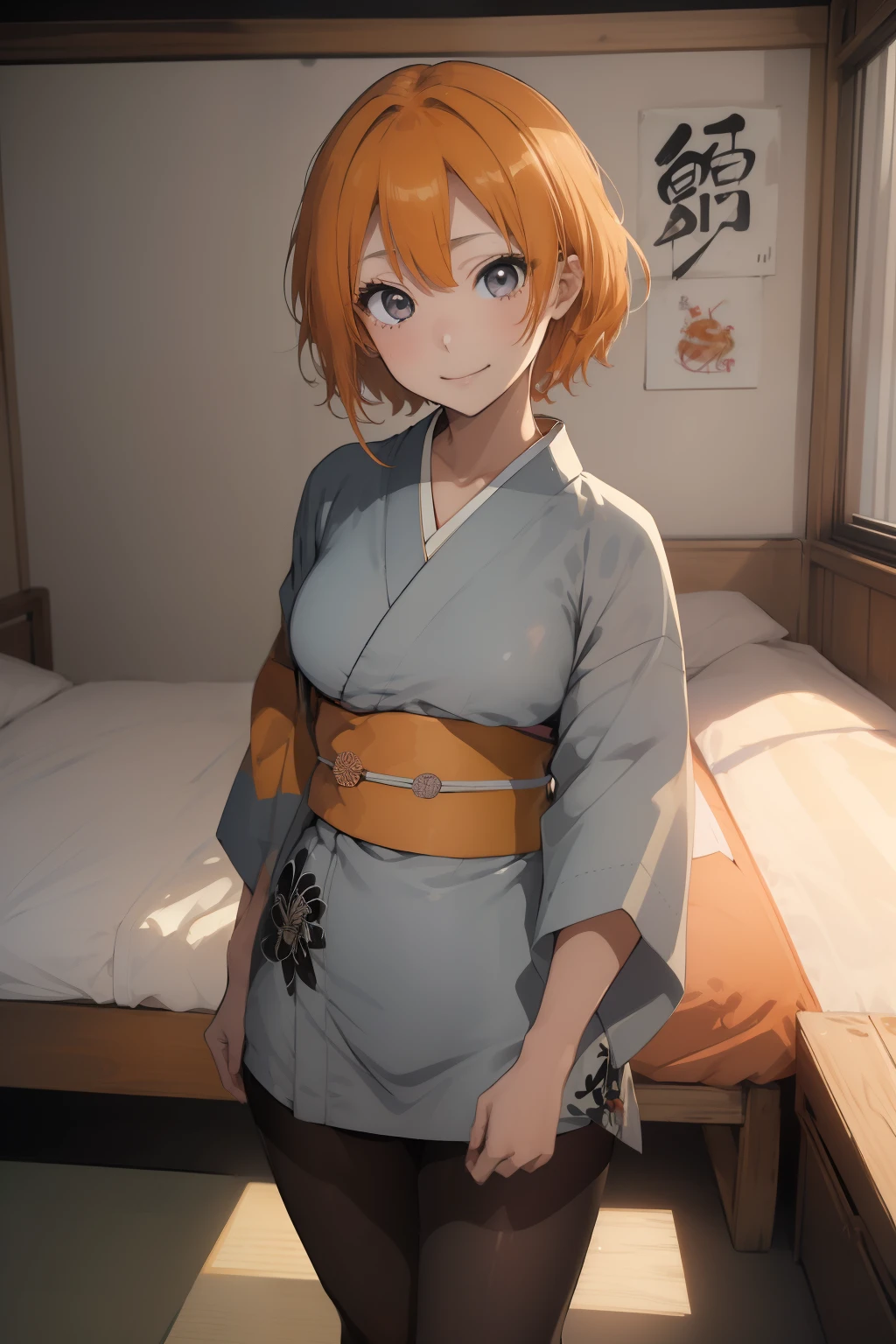 (masterpiece、top-quality、top-quality、Beautifully Aesthetic:1.2)、1 girl in、ighly detailed、highestdetailed、grey eyes、orange color hair|Semi-long blonde hair、((kimono))、(pantyhose)、Matsumoto Rangiku、graffiti art、Look at the viewer、A smile、Bedroom、on the beds、((Short length))、