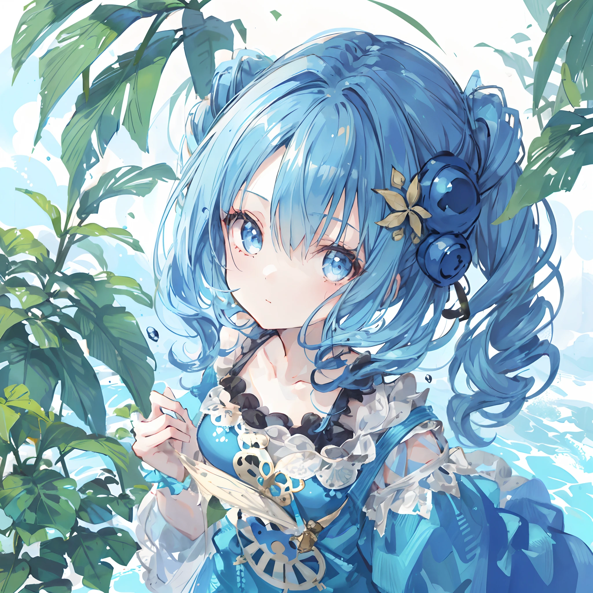1girl,jungle,:|,beehive hairdo,eye reflection,casual one-piece swimsuit,blue theme hair,