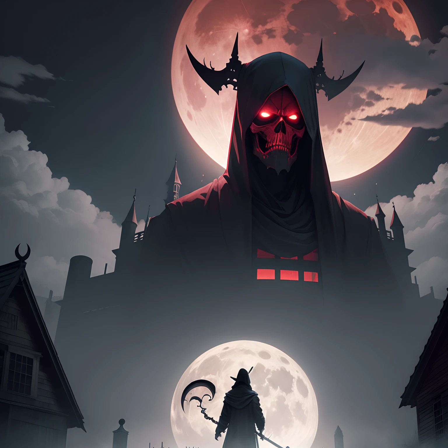 There is a bright red full moon in the sky、A grim reaper as big as a building is looking at us.、creepy atmosphera、A Grim Reaper as big as a very scary building、A Shinigami holding a big scythe I've never seen