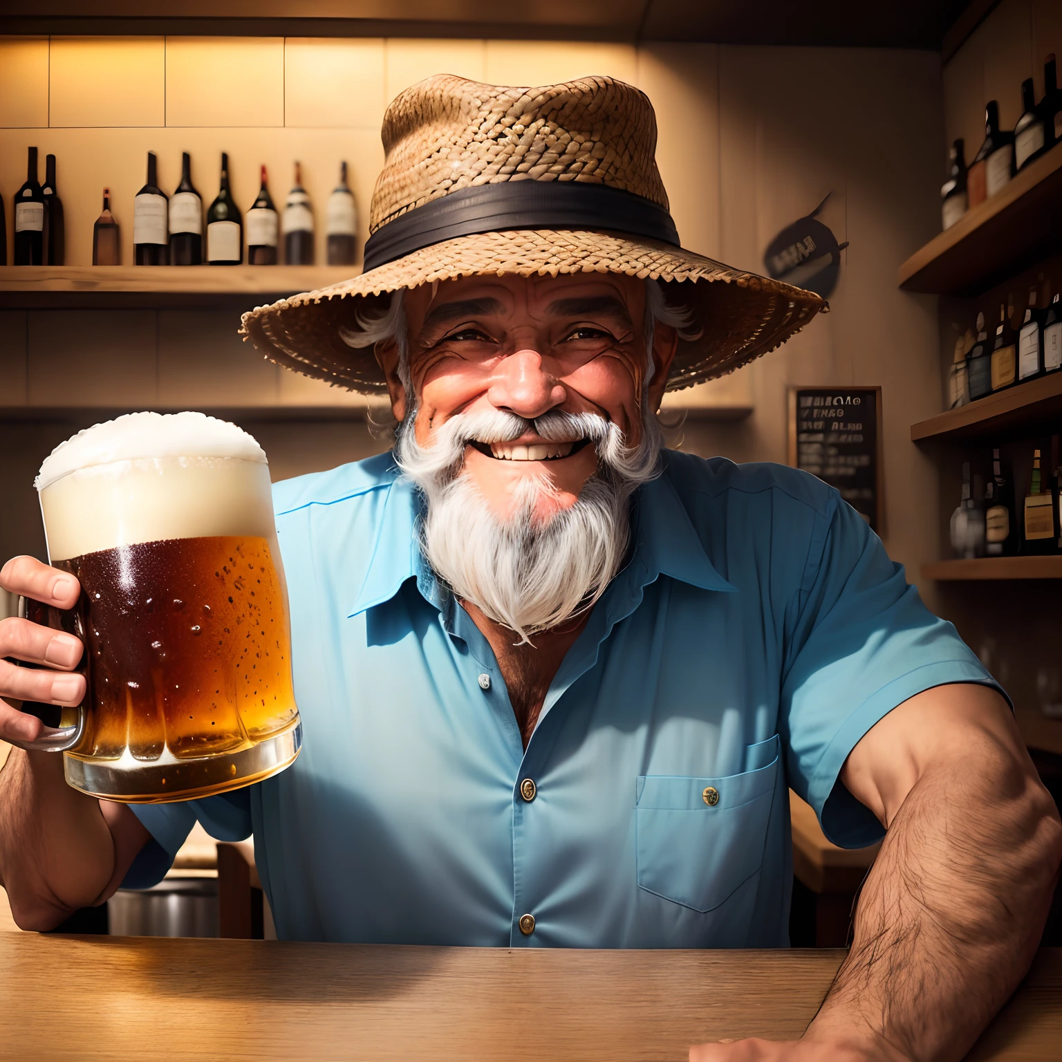 Homem velho de 50 anos, humorous, barbas por fazer, in a hat, camisa branca rasgada e suja, em um bar, glass of beer in hand and smiling