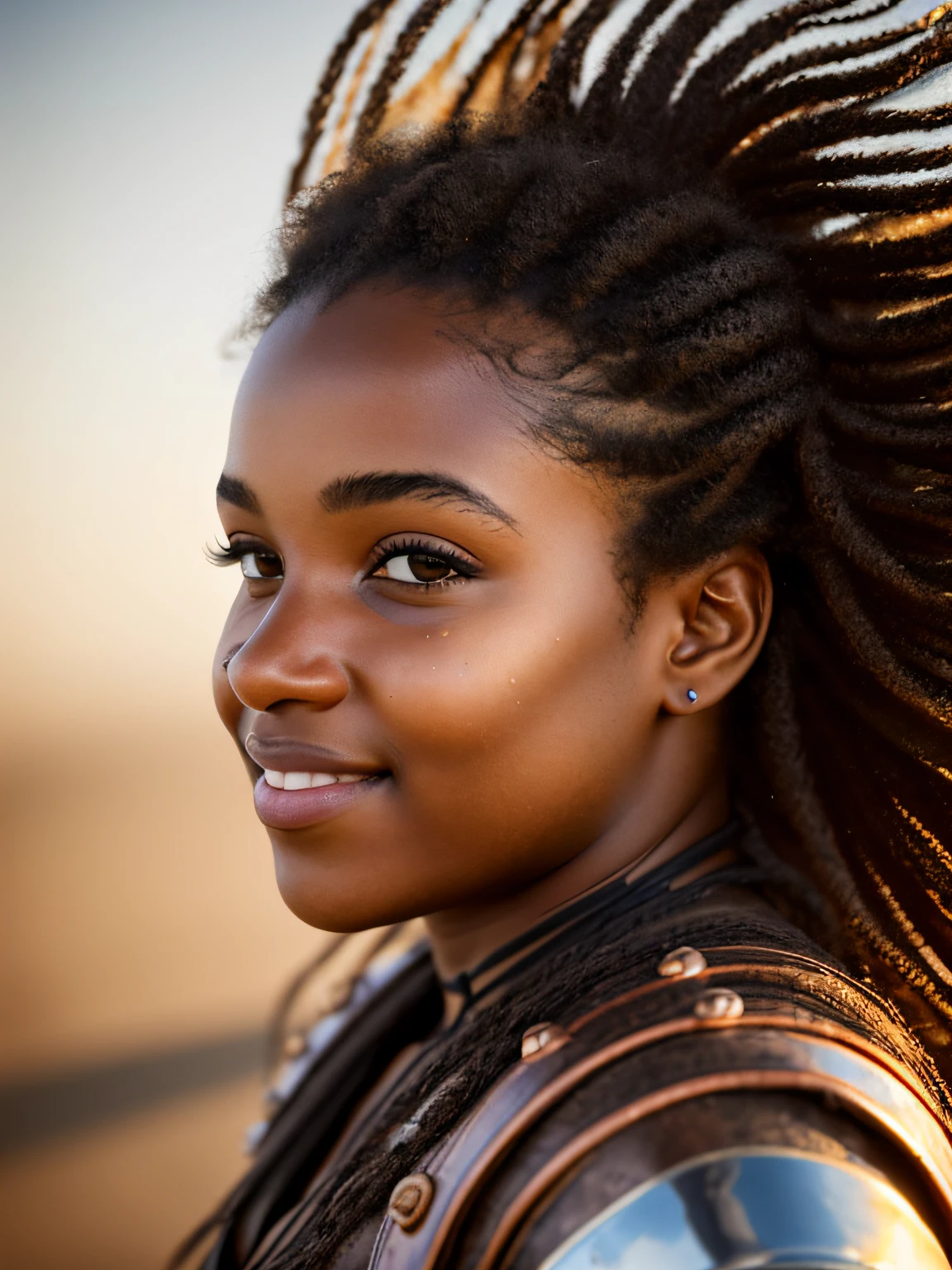 Photo, Raw, [bokeh], shallow DOF, sharp eyes focus , black hair, thicc body, full body shot, sitting on a horse, ((23year old black woman )), (((ultra realistic detailed eyes))), intricate eye details, cute smile, sweaty, wearing medieval copper plate armor , model shoot pose, ultra skin texture, ((ultra skin details)), skin imperfections, intricate details, ( sitting in dark sand dunes ), long messy hair, fog, volumetric lighting, ((streaking light across face)), hair light, bloom, golden hour, dark shadows, visually interesting , low key, ultra realism