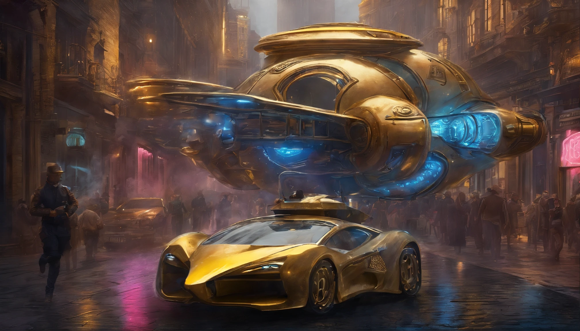 (​masterpiece、4K、ultra-realistic:1.2)、illustration、(realistic:1)、(Photorealistic:1), ((Magnificent steampunk-cyberpunk UFO in the sky：1.5)), ((futuristic bronze colored steampunk hypercar in street)), panorama、a、((fish-eye lens:1.2))、 (Steampunk Cyberpunk Cityscape)、(midnight、cyberpunk, asphalt、graffiti art、Reflectors、Shops、kiosk、Walkway、a street、police officers、taxis)、(Skyscraper、Foggy:1.4)、 ((pedestrians、Large crowds on street))、 ((neon signs、Blue Neon、Pink neon、Yellow neon:1.4)), rain puddles on street reflecting lights, John William Waterhouse style.