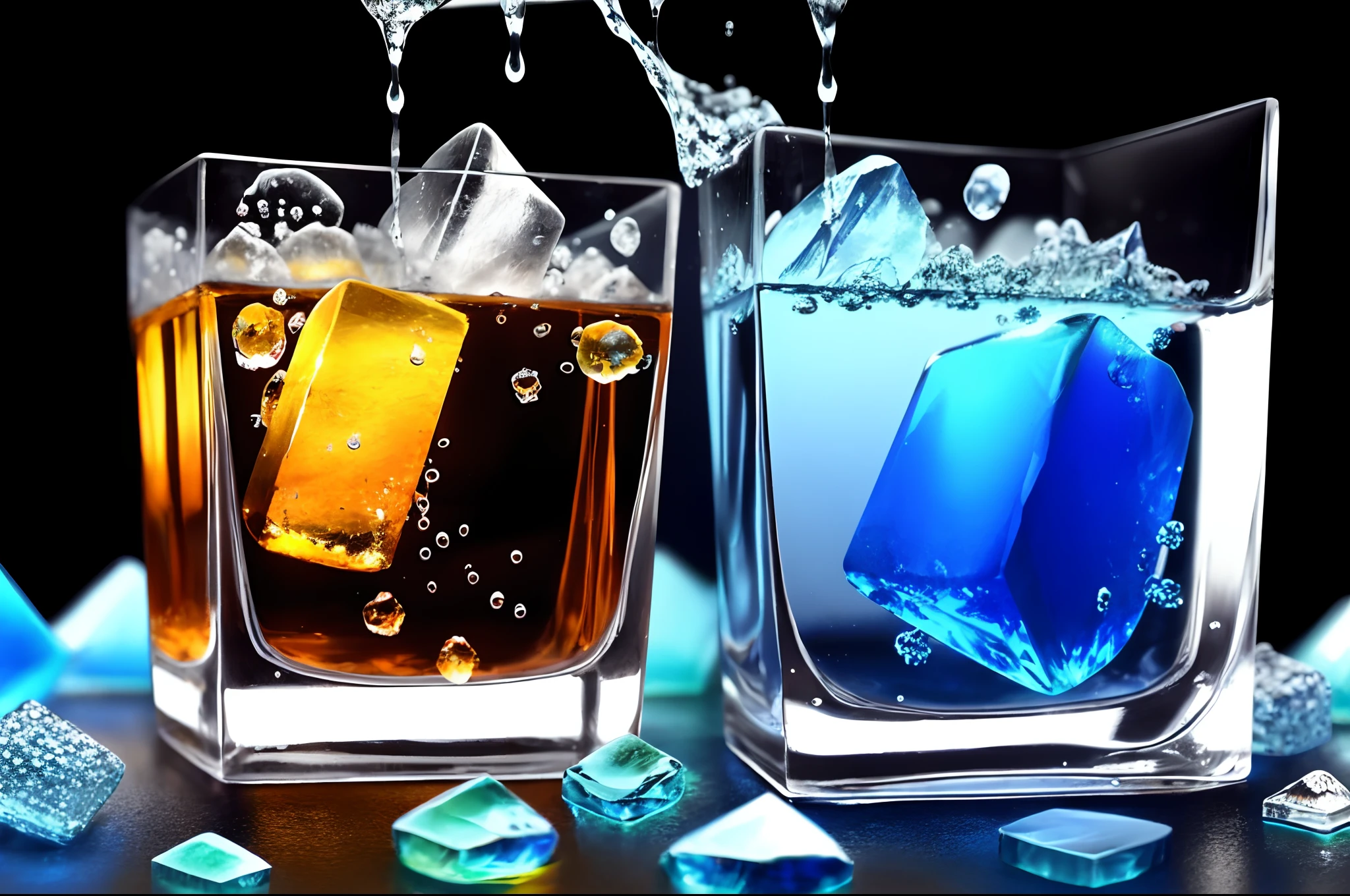 Crystal ice cubes，ice cubes，drippy，blue colors，square shapes，Flowing water droplets，Light