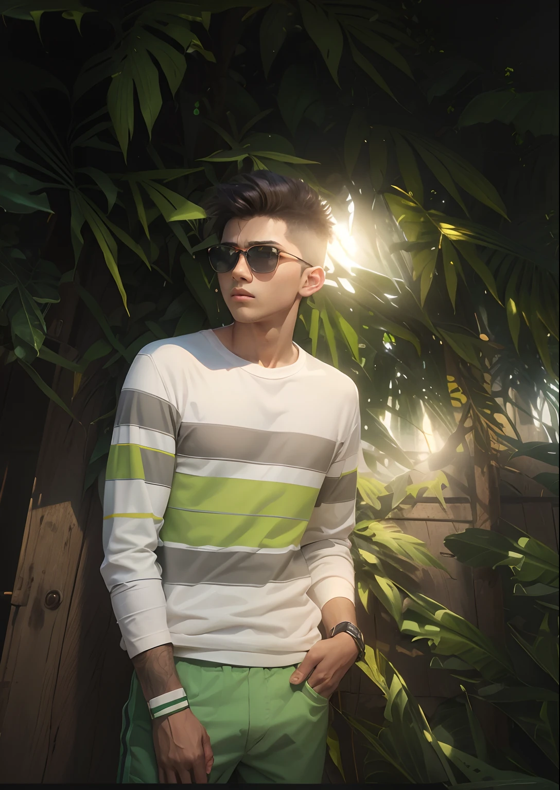 A boy facing side ,with white t shirt and green strips in it, with sunglass,grey pants,pants in background ,8k, realistic