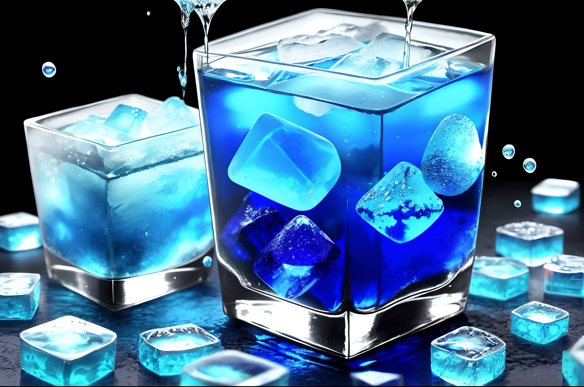 Crystal ice cubes，ice cubes，drippy，blue colors，square shapes，Flowing water droplets，Light