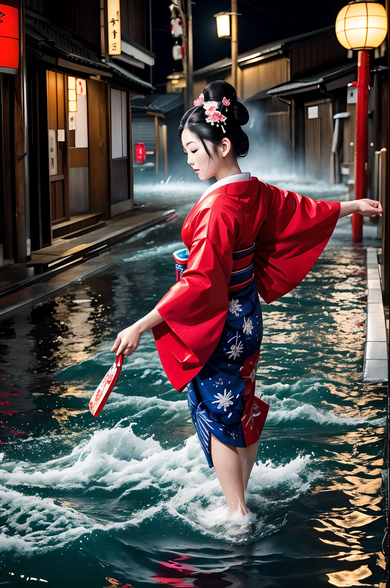 traditional japanese geisha with a bold wet spary splashes graffiti-style lights in various colors as she moves breakddances in water puddles sea gracefully