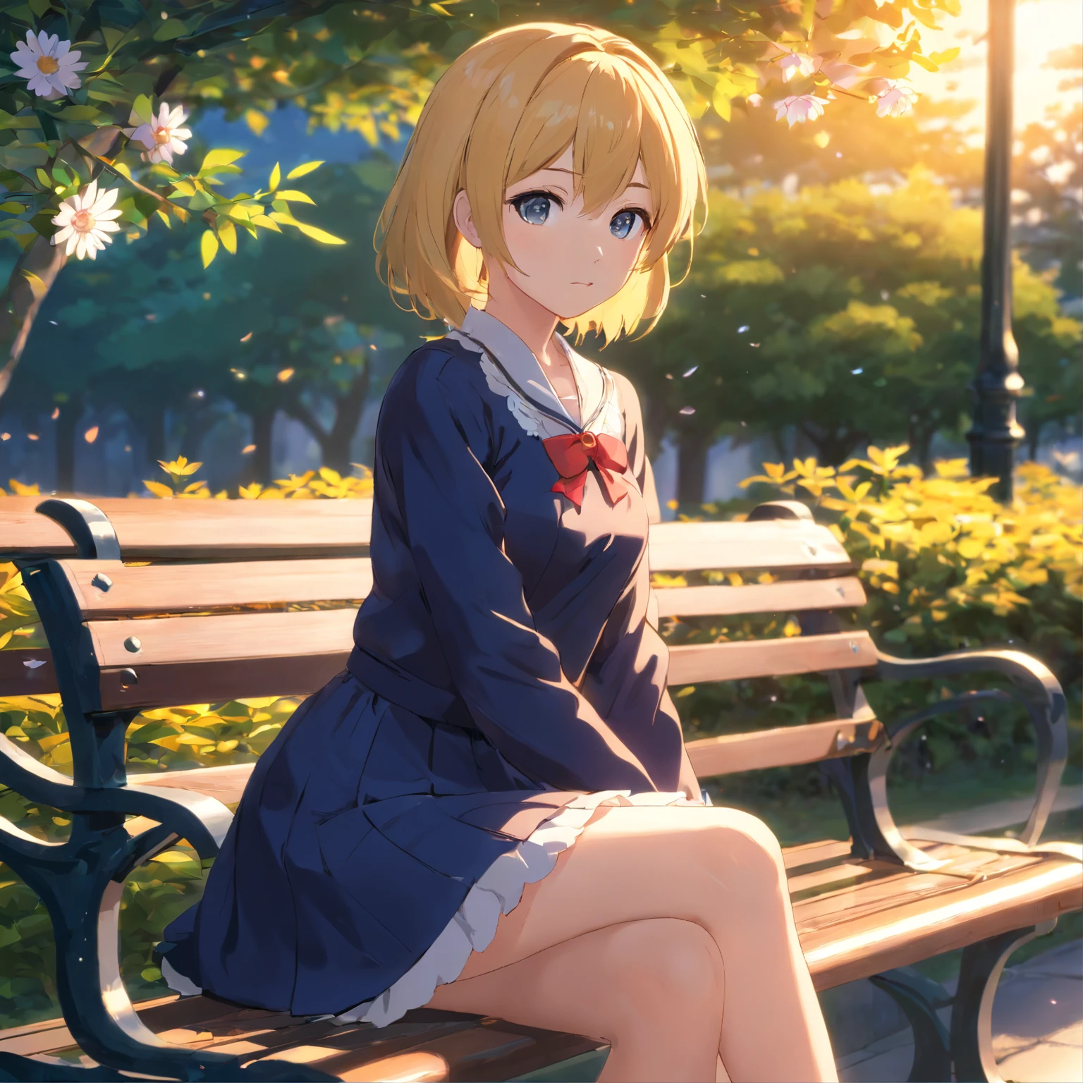 (Masterpiece),((high high quality)),(best beautiful:1.2),(artwork of a),((3D stereoscopic design)),8K,one-girl,Has a cute face,Short yellow hair,Light blush and light freckles,Big blue eyes,Wearing a black lace top,Wear black stockings,Sitting on a park bench,Her eyes were focused into the distance,She is a model,((Flowers in the background)),Sense of light,Enchanted expression,artistic design,Three-dimensional,close lens,Close-up Shot Shot,((Hazy)),Sense of night,Shadow contrast,