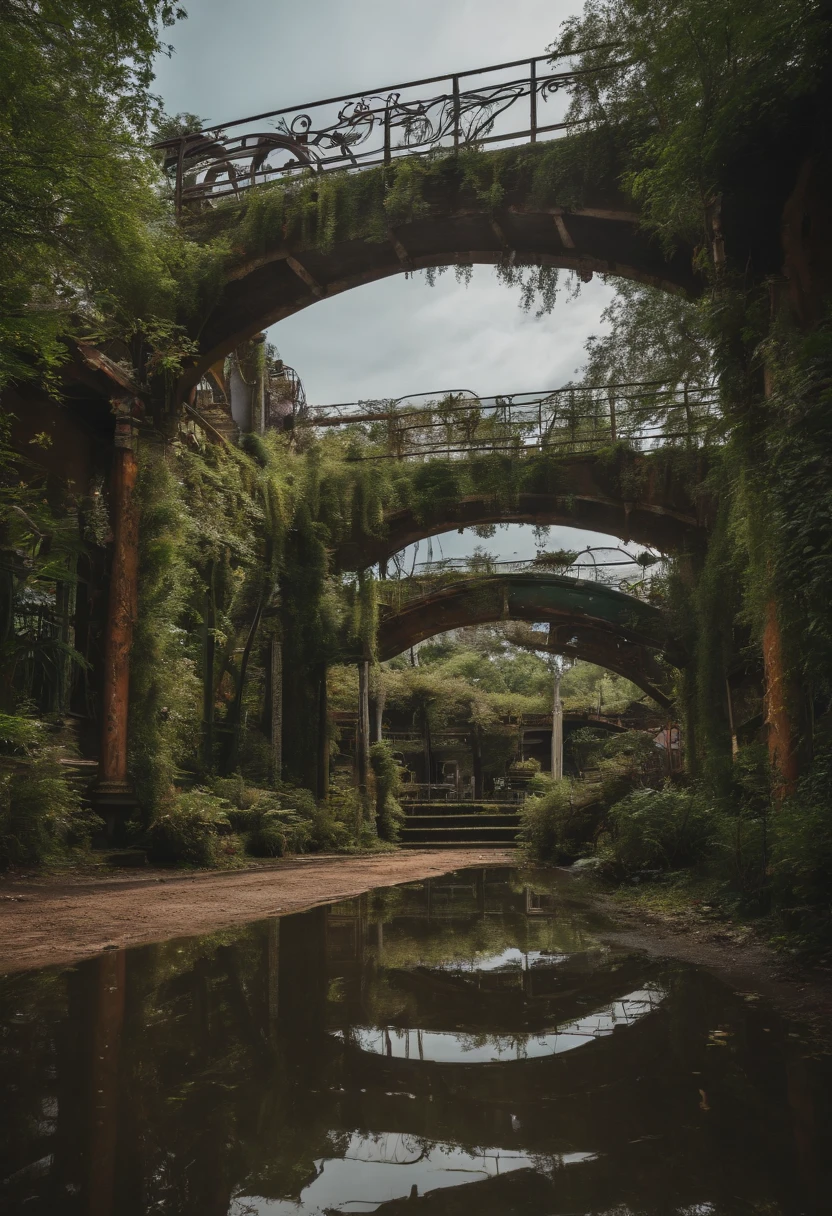 ((top-quality、8K、​masterpiece：1.3))、An amusement park、Abandoned amusement park,abandoned amusement park、Broken、dilapidated building、Buildings overgrown with plants、creepy atmosphera，jpn、puddles