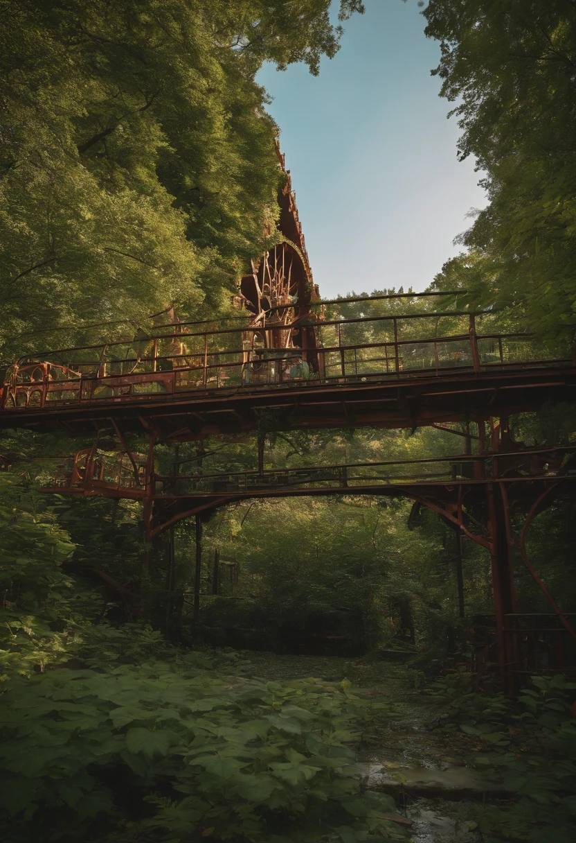 ((top-quality、8K、​masterpiece：1.3))、An amusement park、Abandoned amusement park,abandoned amusement park、Broken、dilapidated building、Buildings overgrown with plants、creepy atmosphera，jpn、puddles