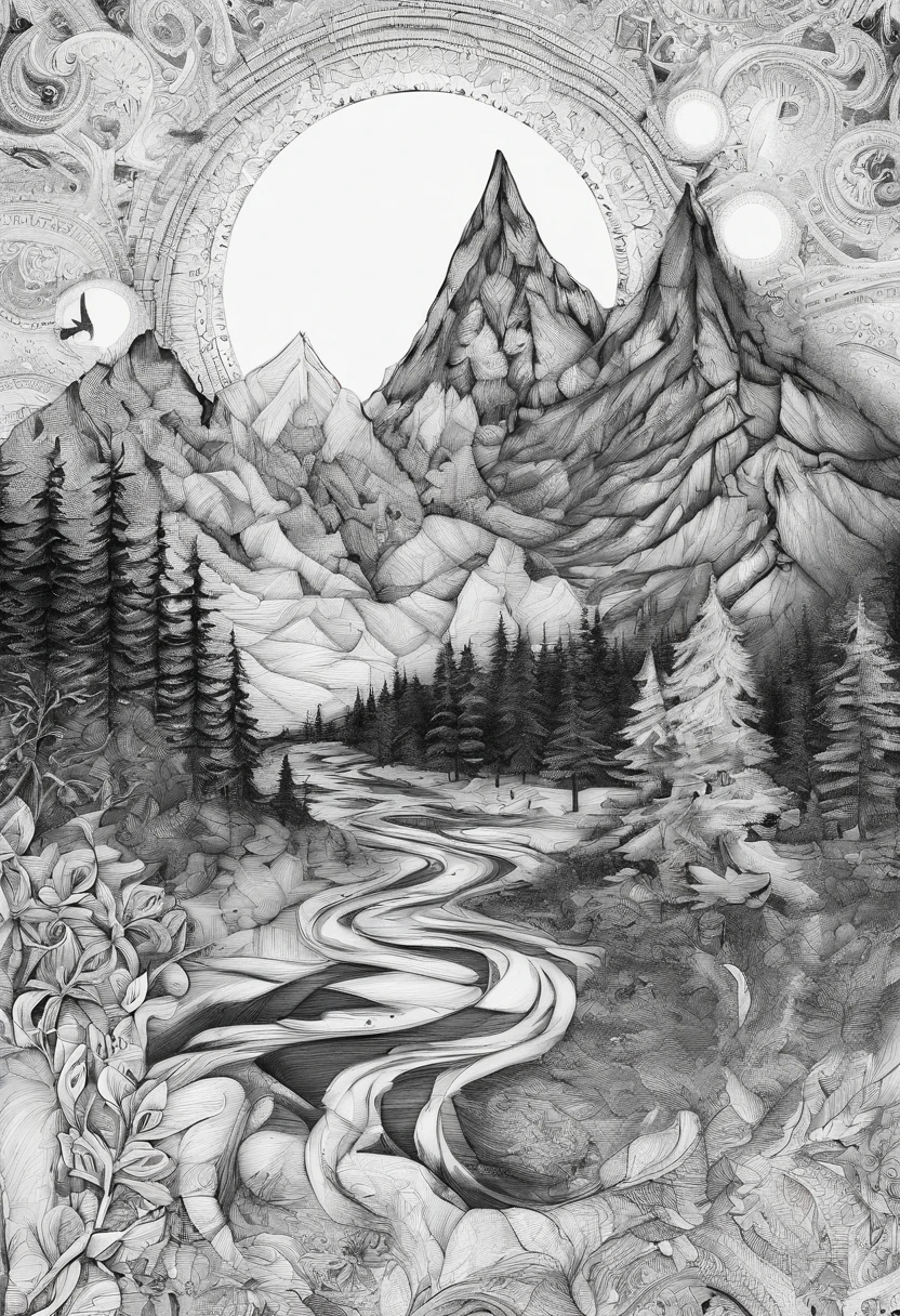 (Under the night sky),(snow mountains:1.5),towering, , in a panoramic view,, Masterpiece, High quality, Best quality, 8K, Magnificent, A majestic,golden sun,themoon,ln the forest,flying birds