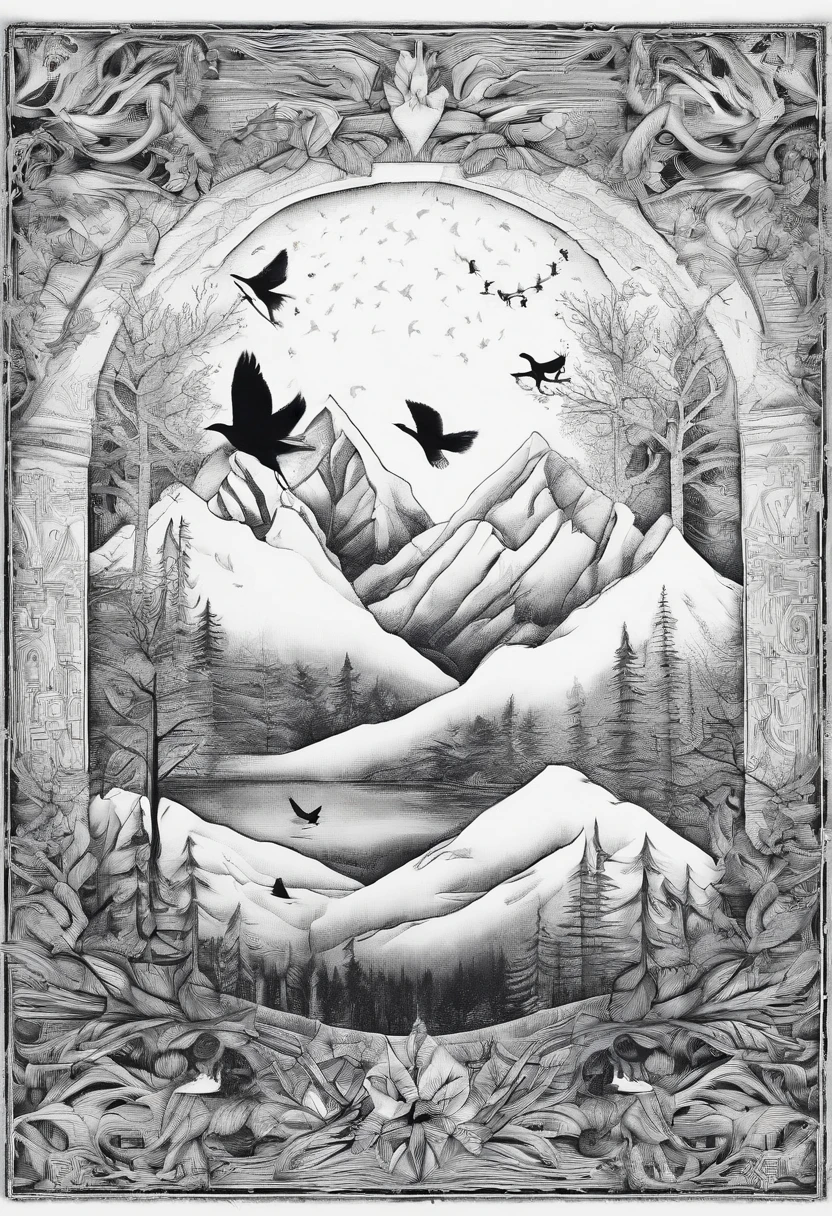 (Under the night sky),(snow mountains:1.5),towering, , in a panoramic view,, Masterpiece, High quality, Best quality, 8K, Magnificent, A majestic,golden sun,themoon,ln the forest,flying birds