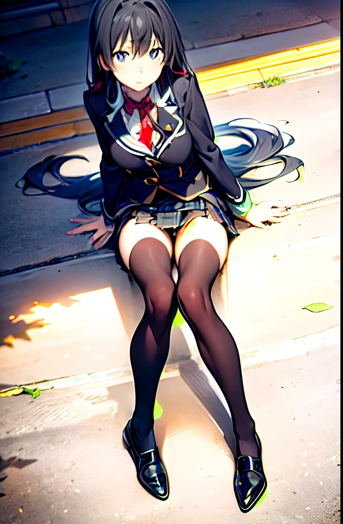 Best Quality, masutepiece, hight resolution, Super beautiful images, Yukinoshita Yukino, full body Esbian, Slender body, Look here, 1 rapariga, Slim legs, Detailed face, Closed black jacket, Black plaid skirt, Black knee-high socks, Black leather shoes,