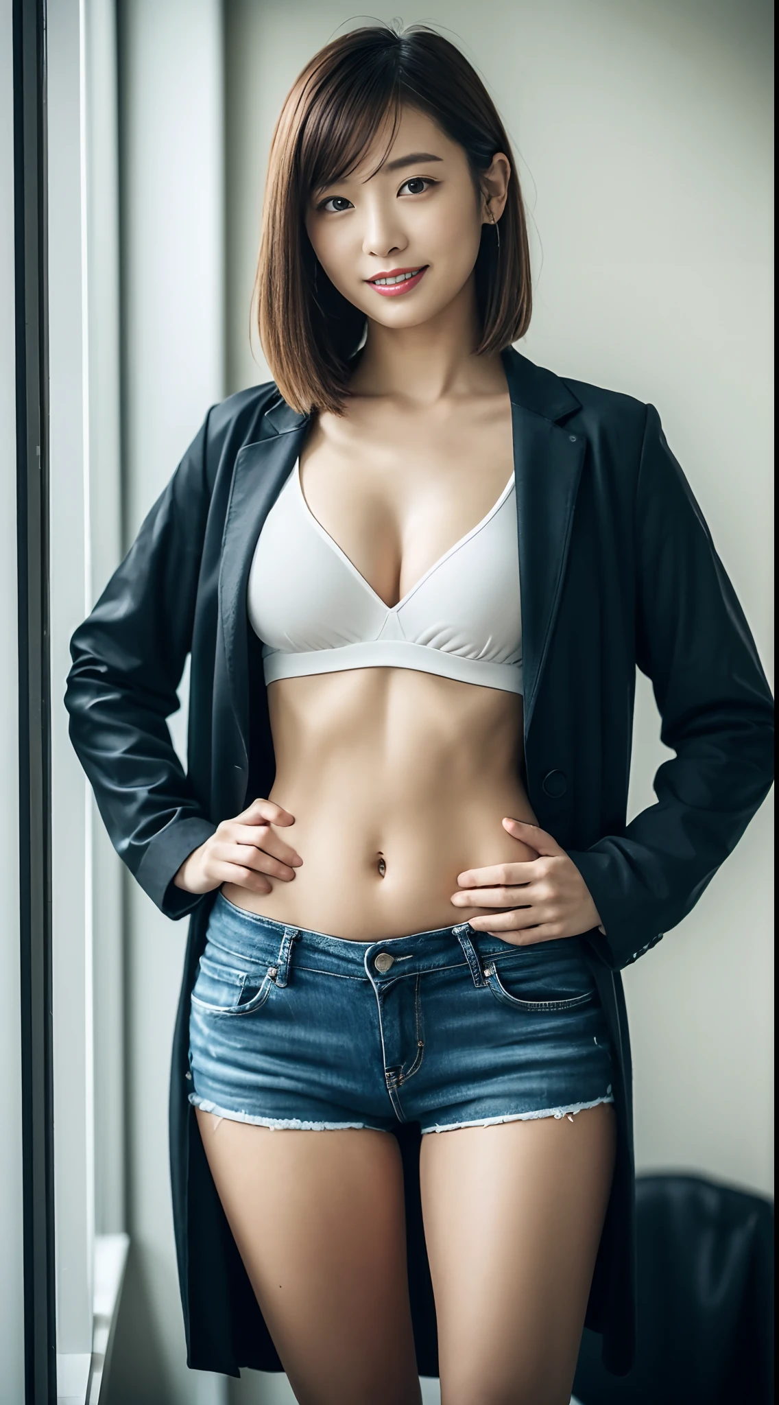 masutepiece, Best Quality, 超A high resolution,(photographrealistic:1.4) (depth of fields),(Lens Glow) , jaket:1.5、Inside the office:1.5、a Pretty Japanese woman:1.5、officeworker、Sexy buttocks:1.5、Stand in the crotch:1.5、smil、(Put your hands on your hips:1.5)、