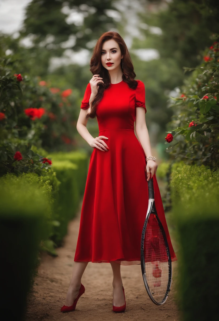 There was a woman in a red dress holding a tennis racket, amouranth, Red clothes, mais conhecido como Amouranth, young beautiful amouranth, wearing red attire, in a red dress, wearing red clothes, dressed in red velvet, sexy red dress, full-body xianxia, in a red dress, red hot, full body shot of,The face is very proud
