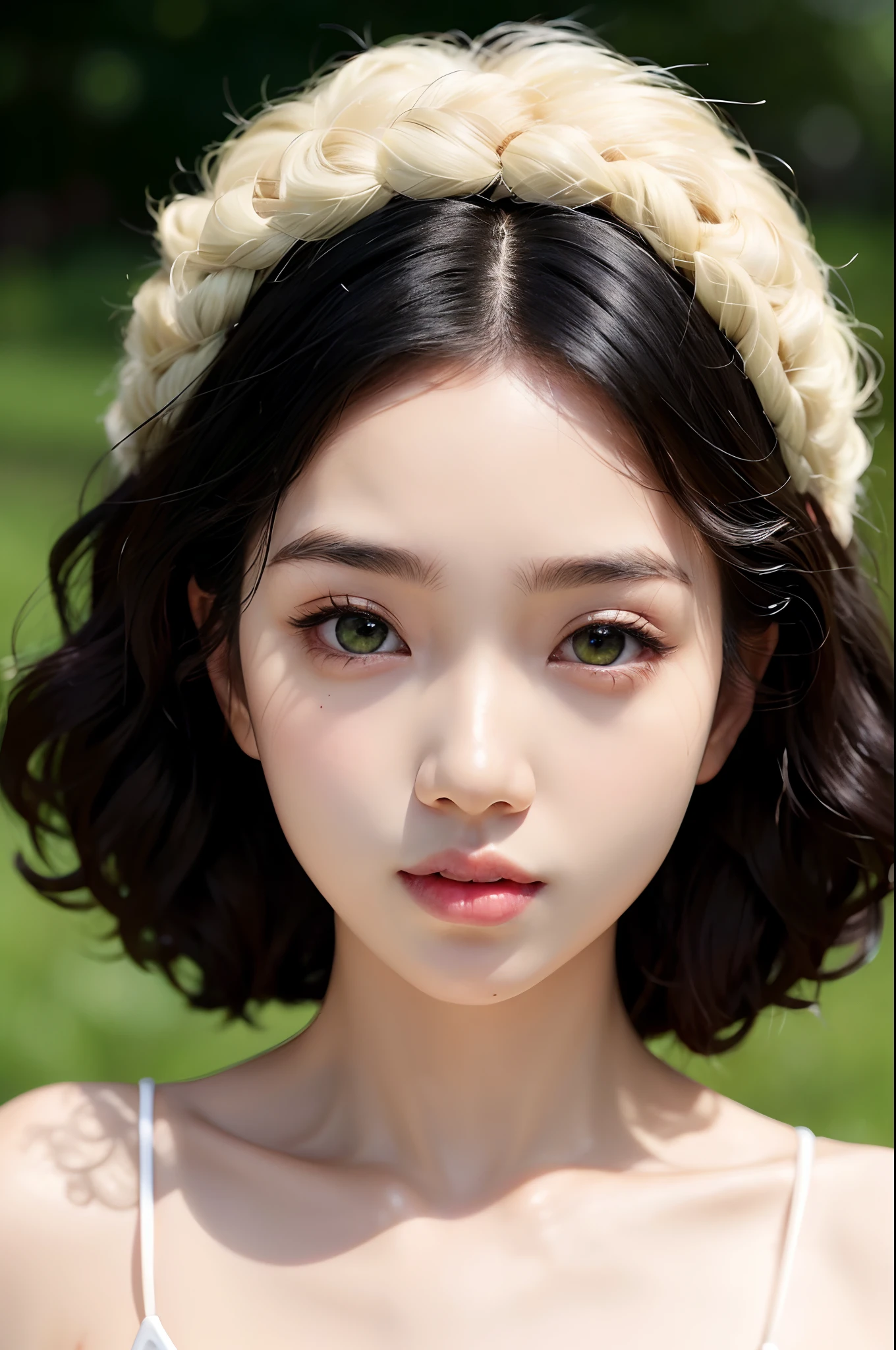 Asian Girl Highly Detailed Face and Skin Texture, ((white skin)) big green eyes, slim face, juicy lips, ((afro curly Black hair)), pale skin, Detailed Eyes, Double Eyelids,