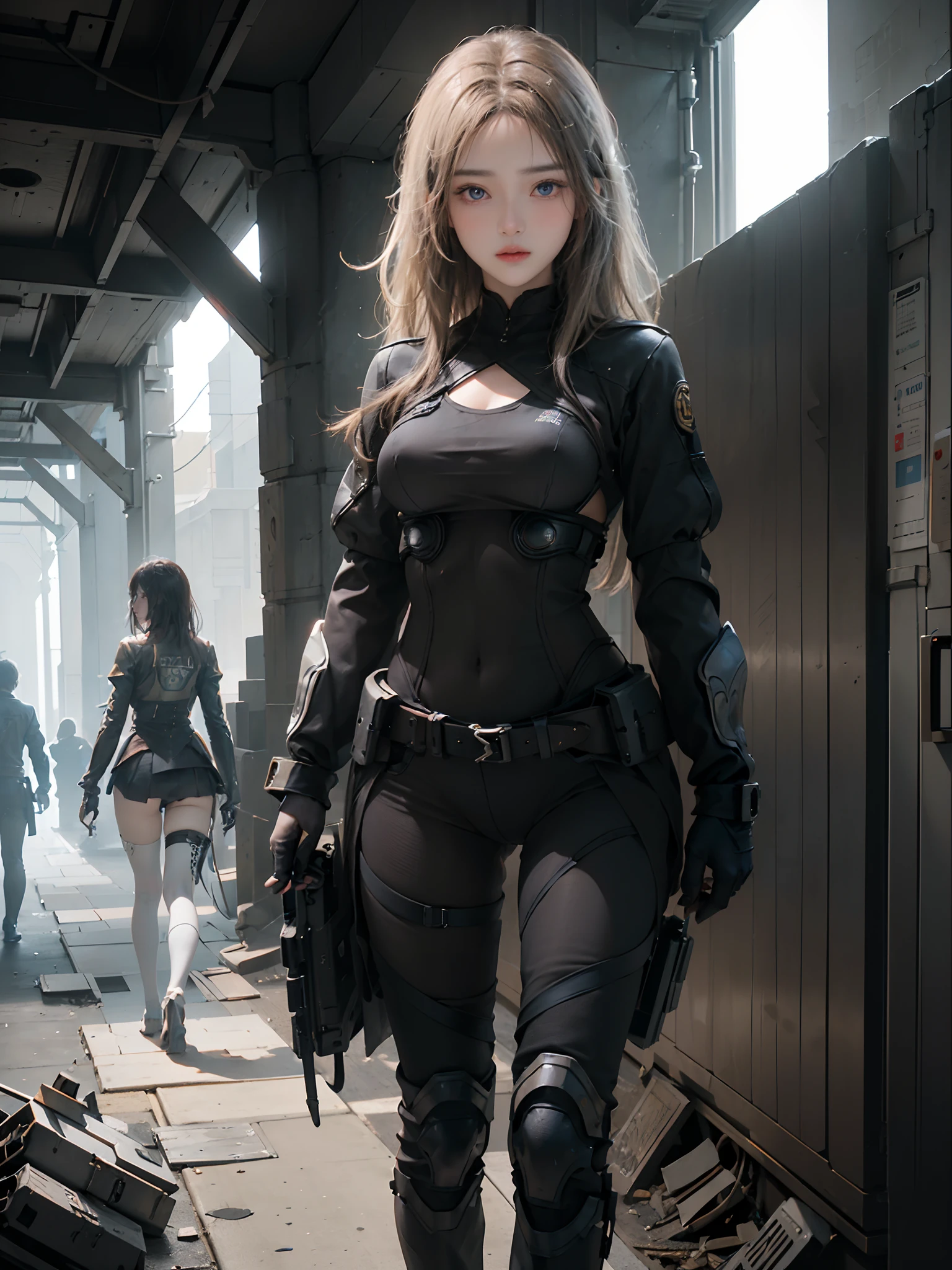 ((top-quality)), (((​masterpiece)), (detaileds: 1.4), 3D, Beautiful Cyberpunk Woman Image, bob cuts, Broken black tights, leather clothes, Electromechanical, nffsw(HighDynamicRange), Ray traching, NVIDIA RTX, Hyper-Resolution, Unreal 5, Sub-surface scattering, PBR Texture, Postprocess, Anisotropy Filtering, depth of fields, Maximum sharpness and acutance, Multilayer Texture, Albedo and Highlight Maps, Surface Coloring, Accurate simulation of light-material interactions, perfectly proportions、octane renderings、two tone lighting、Large aperture、Low ISO、White Balance、thirds rule、8K Raw、​masterpiece、top-quality、(8k extremely detailed CG unit wallpaper)(top-quality)、(The best illustrations)、(Best Shadows), blue eyes, long hair, big tits, super detailed hand