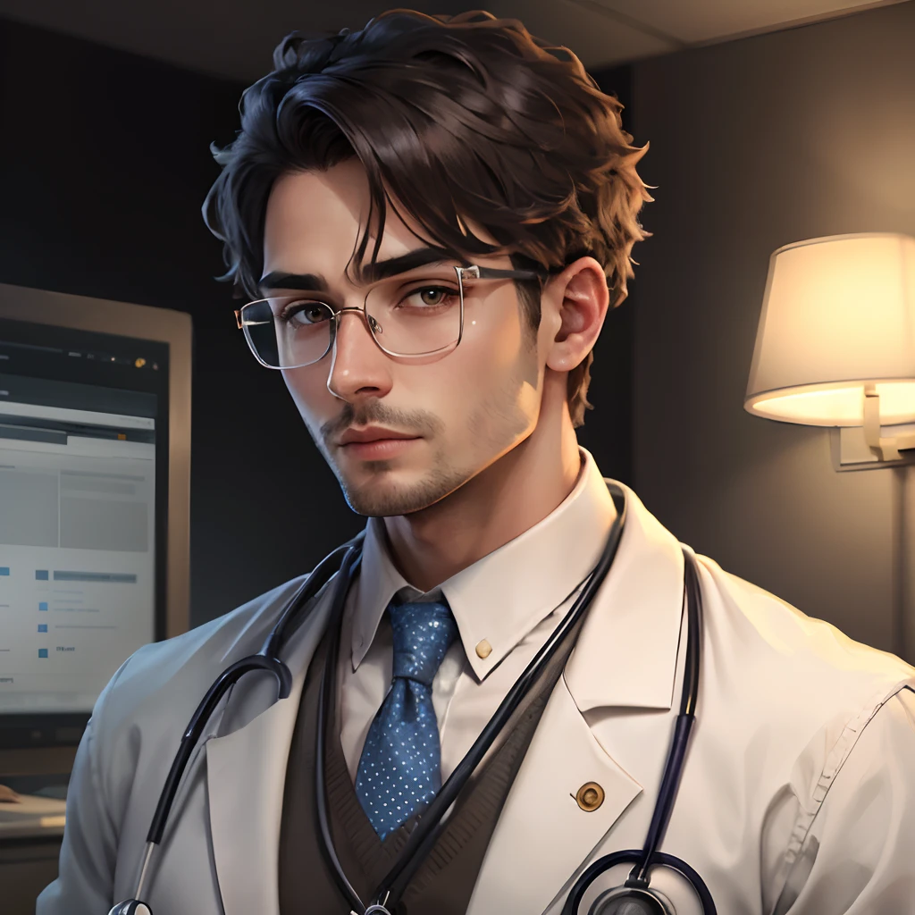 Beautiful man wearing glasses in a doctor's outfit，Represents the God of creation