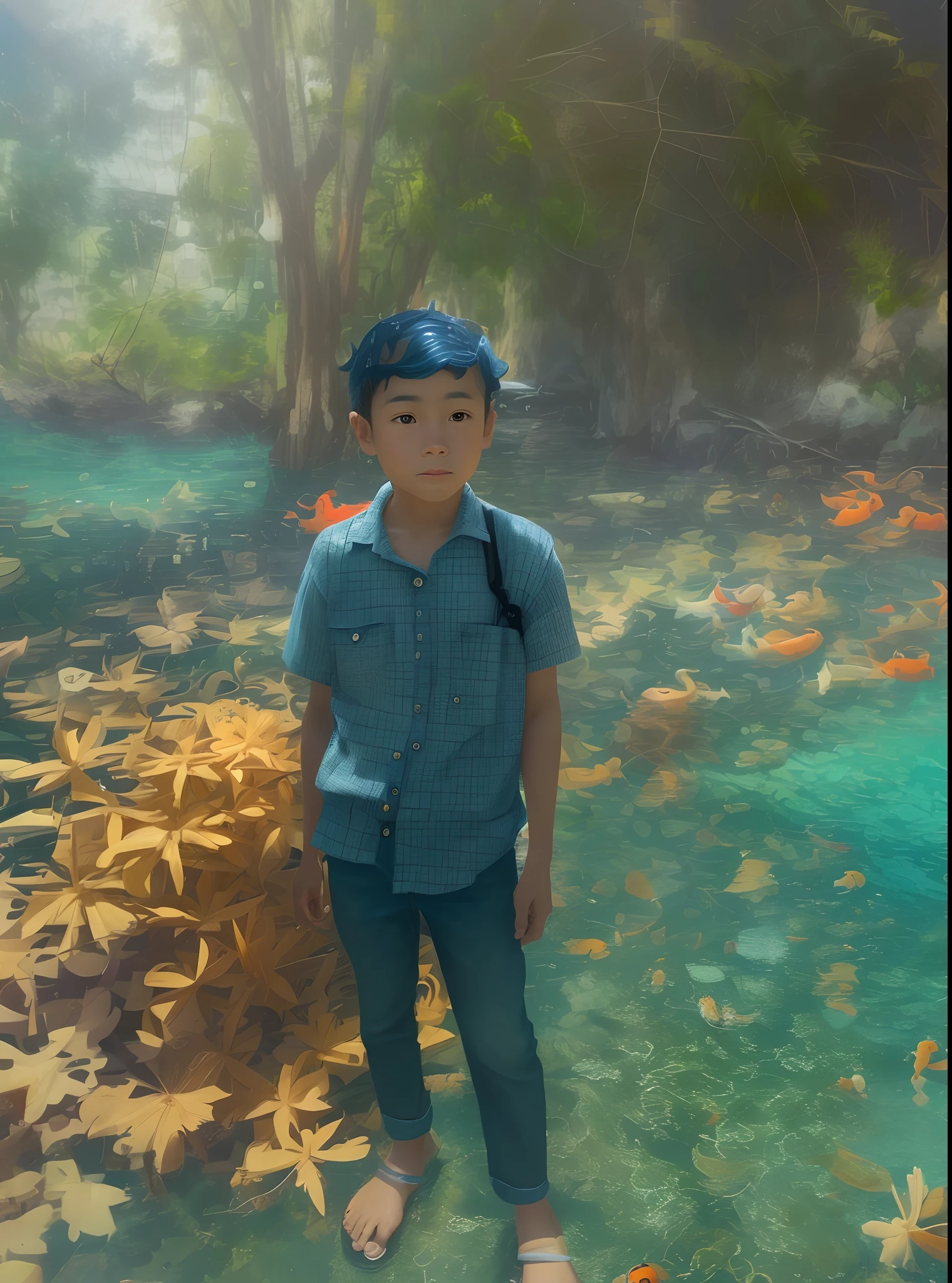 movie picture quality，Disney animation style，A little boy swims in the sea with a koi in his arms，short detailed hair，Denim suspenders，The barefoot，depth of fields，high light，Real light，Ray traching，oc rendered，Hyper-realistic，best qualtiy，8K，Works of masters，super-fine，Detailed pubic hair，Correct anatomy，sharp focus on eyes，Bokeh，Facial features are carefully depicted