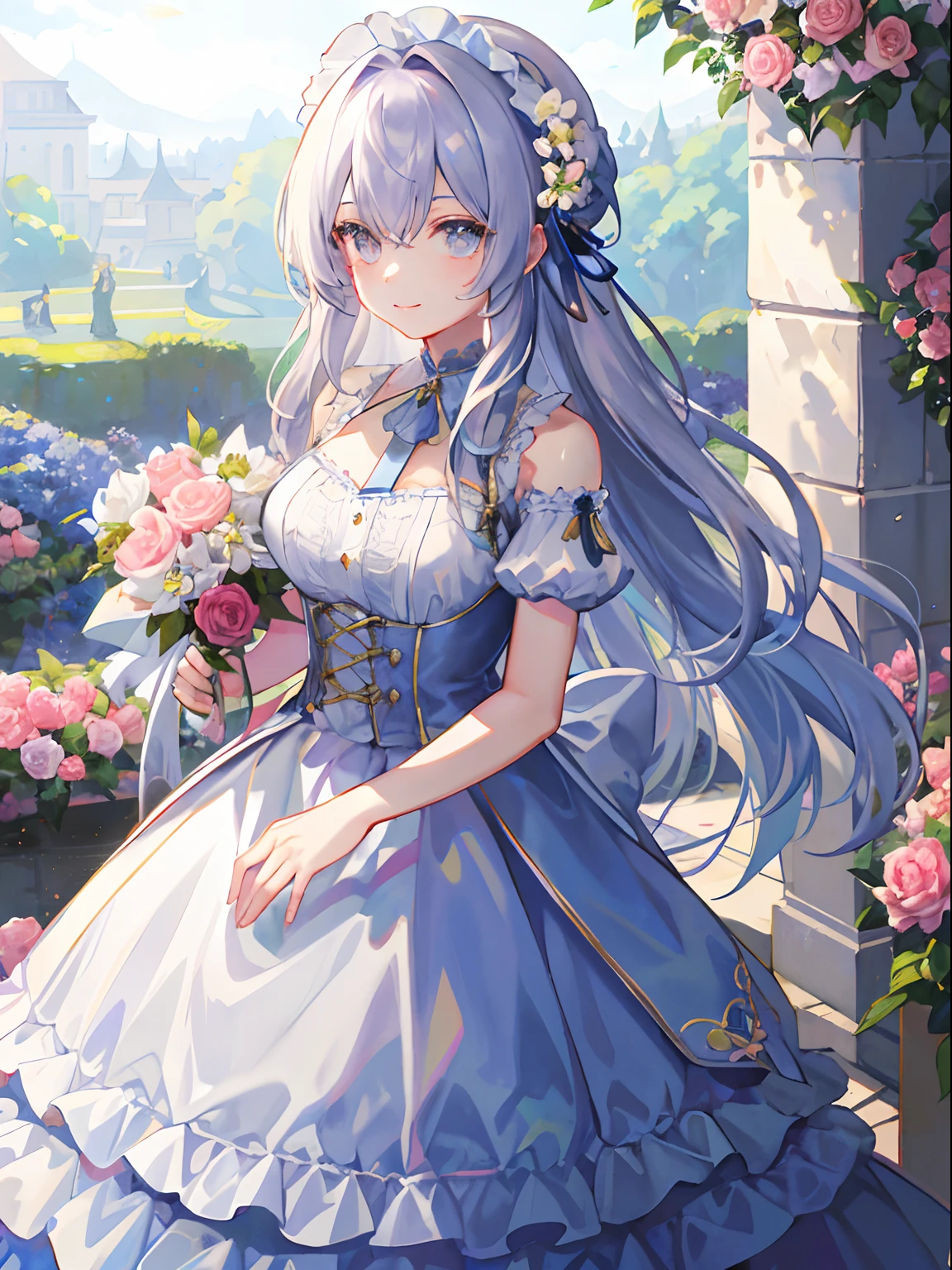 (tmasterpiece、top-quality、illustratio、Extremely high quality、high-level image quality、Extremely sensitive writing)Girl with long silver hair standing in beautiful flowery garden、A slight smile、beast ear，standing on your feet，full bodyesbian，She has a large bouquet、Lovely dress，There are ruffles on the shoulders、Trimmed skirt，Pattern，Translucent frontal photo