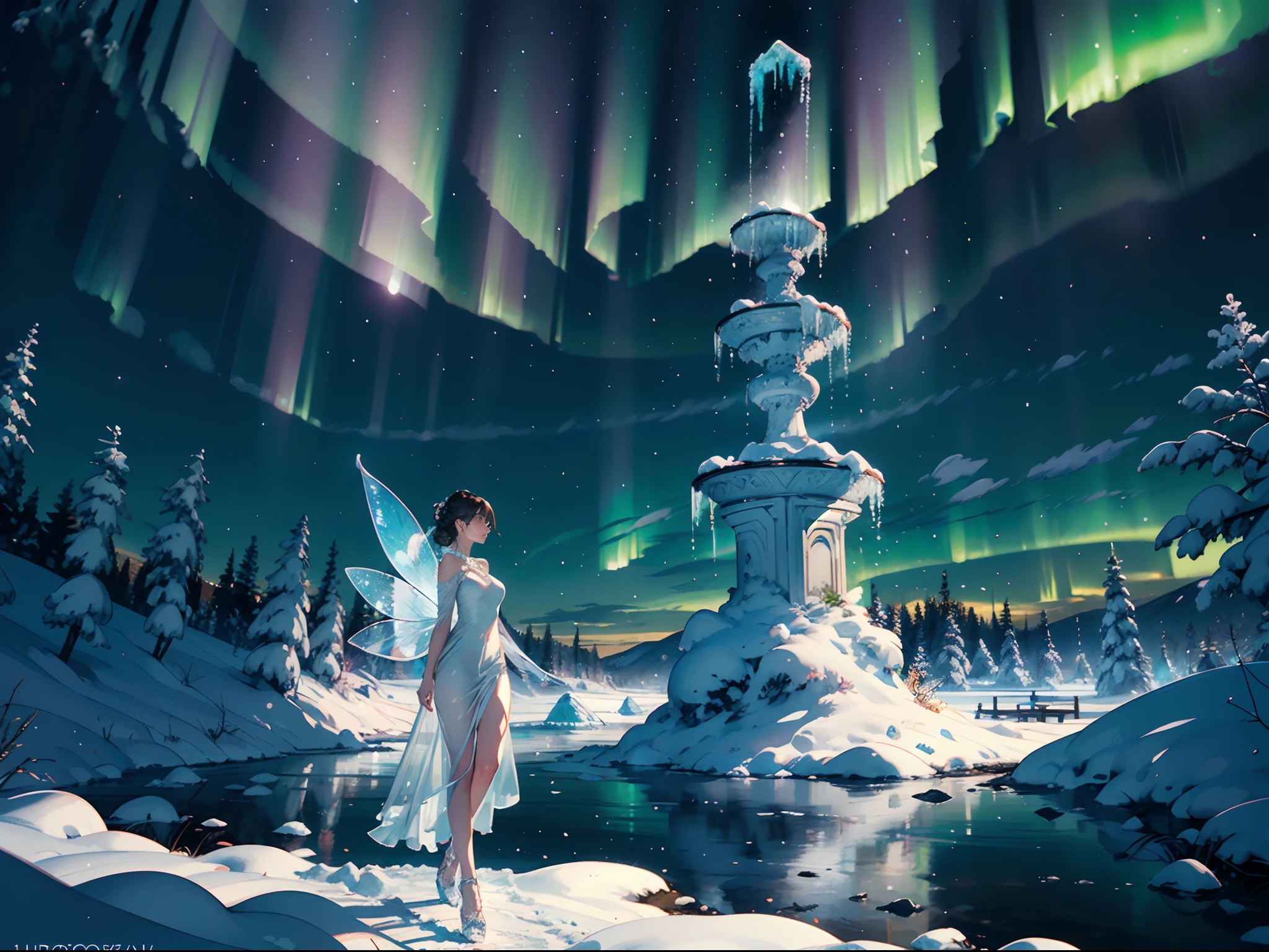(Best Quality), (masutepiece:1.3), (Photorealistic:1.36), (Realistic), Ultra-detailed, (Landscape Center, Distant perspective):1.4. Beautiful woman in a dress with intricate delicate design, Walk towards the frozen Waterfalls. Sparkling snow in the cold sky, Nature, wearing fairy wings with aurora effect, Detailed description and bright colors. Gorgeous images in high quality.