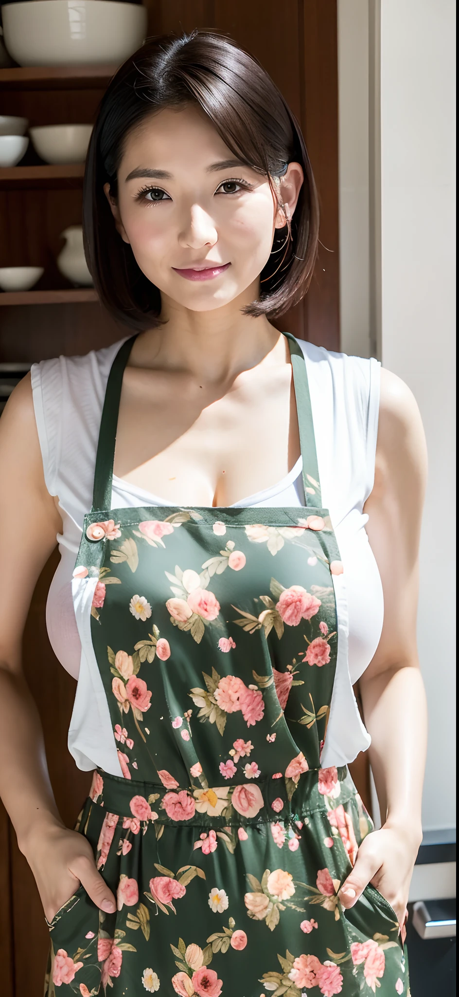Super huge(1.5)、The most beautiful and obscene mothers(japanes)、Bob Hair、Motherhood is overflowing、masterpiece、top-quality、Top image quality、32K image quality、A body that makes you want to suck、Soft looking、Carnal body、Plump body、super-detaild skin、Kitchen back view、Sleeveless collared shirt on chinos、Floral apron、Emphasis chest、Big breasts that can be seen even from the top of clothes