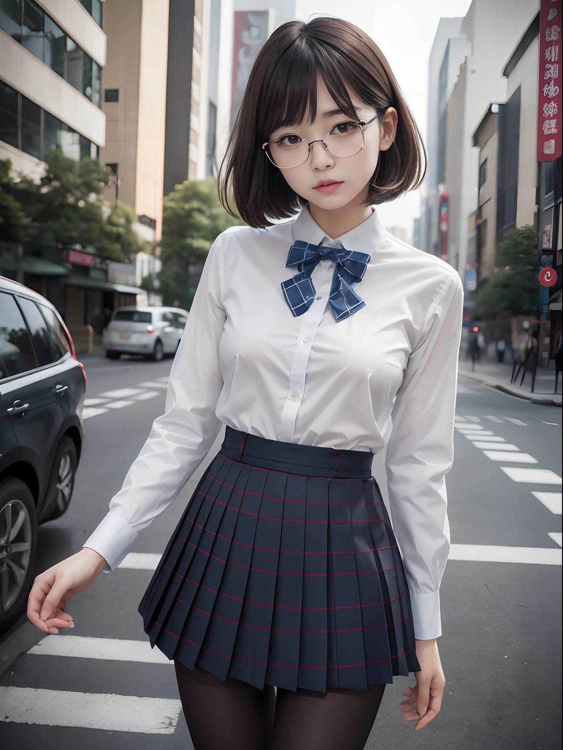 (Long bob cut),(Underwear is visible),（8K、Raw photography、top-quality、​masterpiece：1.2),((small tits))、((small tits))、((small tits))、((small tits))、((small tits))、((A-cup))、((A-cup))、((A-cup))、((A-cup))、((A-cup))、Has a small、(flat breast)、(flat breast)、(flat breast)、(flat breast)、(flat breast)、(being thin)、Rasping,glamor,Chromo-white skin,cocky,School,watching at viewers,Looking at the front,Muchimuchi,High-pitched clothing,Erotic,Pupils,de pele branca,kne,((Black pantyhose)),absurderes,a small face,,Forehead visible,Bangs hanging from the left and right sides of the forehead,(a cold expression,Tight eyes,glares,Bullish,irate)、​masterpiece,top-quality、超A high resolution,Raw photo,ren,Beautiful fece,One Person, 独奏,eye glass,,Dark look,Small breasts,fullllbody,Round glasses,JK school uniform,hi-school girl,A Japanese Lady,is standing,（Photorealsitic：1.37）、Photon mapping,Realistic、Beautie,Cute little face,Brown-eyed、Black socks、(Red bow tie)、Radio City、Physically Based Rendering、depth of fields、Blurry background、a picture,Body,beauty legs, Long legs, Thin leg,(Bangs are visible), hair, s lips, Blue_The eye, nosesoft,(Light blue shirt), (Navy and blue and white plaid pleated skirt), Knees are visible,Sheer clothing,, Thigh, Black cotton socks,Nogizaka Idol, 女優, Japanese ido