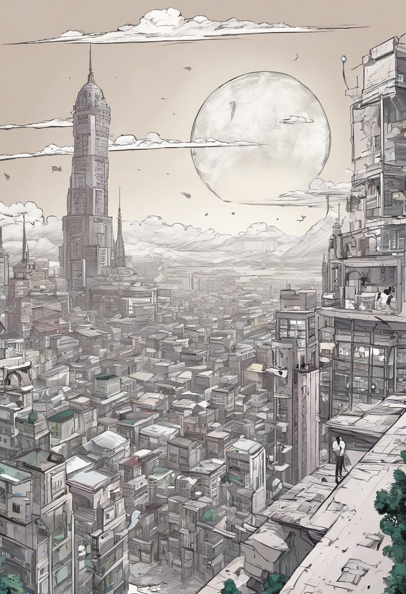 A shot of a small planet, with a city in the distance.