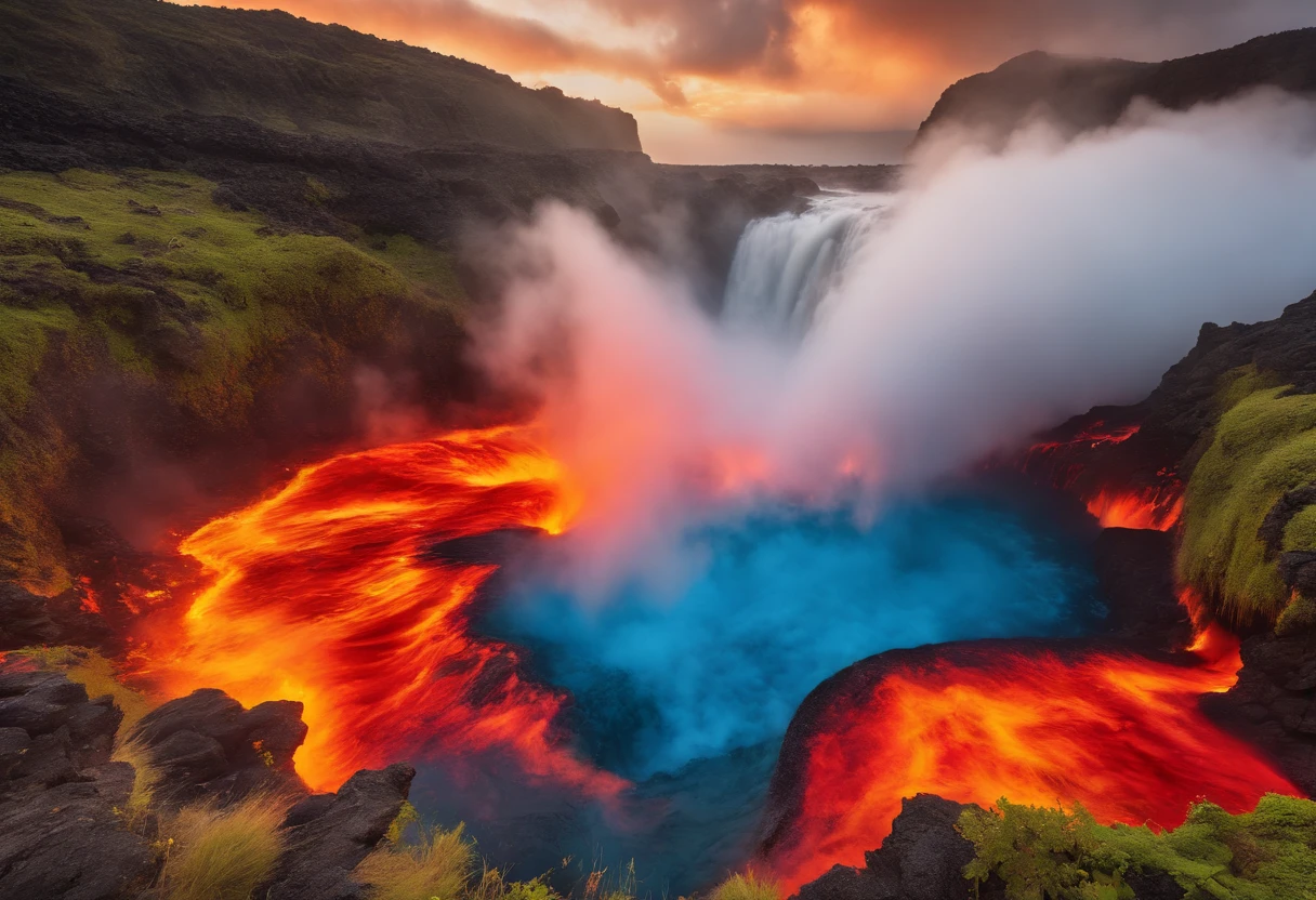 National Geographic style picture, Award winning,(best detailed: 1.5), an picture of an epic sized waterfall in the volcano at midday , an (epic sized waterfall: 1.3), water coming down from a volcanic cliff, multi level water falls, several pools created in different levels, forming new waterfalls, water cascading into a (large lava pool: 1.3) steam rising, clear water in many hues of blue and azure falling, hitting a pool of lava in colors of orange and red, boiling lava, you can see the water hitting the pool and (steam of fog rising from the pool: 1.2) , drops of water splashing around, volcanic cliff background, a long shot, photorealistic, 16k, RAW, award winning, (best detailed: 1.5), masterpiece, best quality, (best detailed: 1.3), full body, ultra wide shot