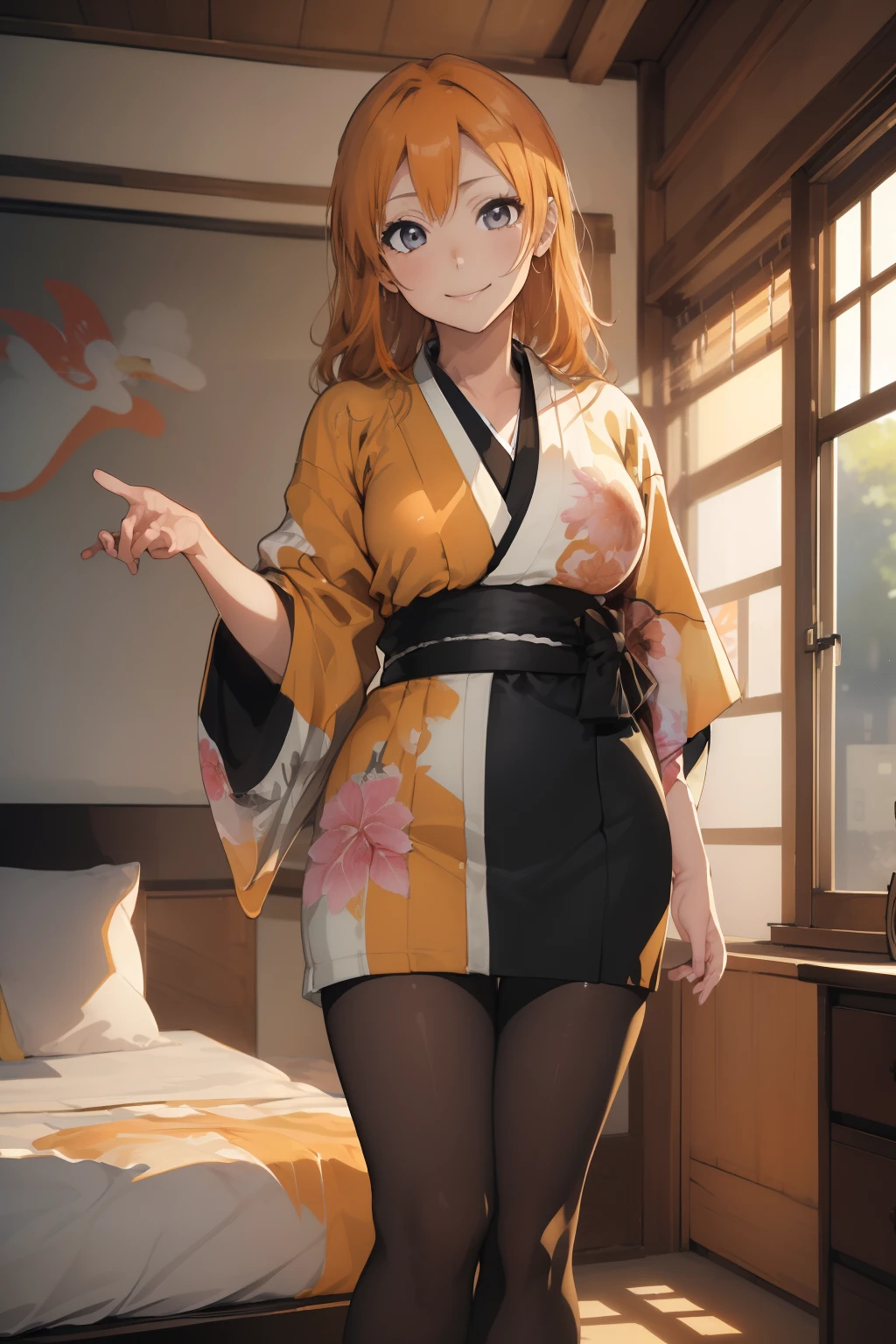 (​masterpiece、top-quality、top-quality、Beautifully Aesthetic:1.2)、1 girl in、ighly detailed、highestdetailed、grey  eyes、orange color hair|Semi-long blonde hair、((kimono))、(pantyhose)、Matsumoto Rangiku、graffiti art、Look at the viewer、A smile、Bedroom、on the beds、((Short length))、