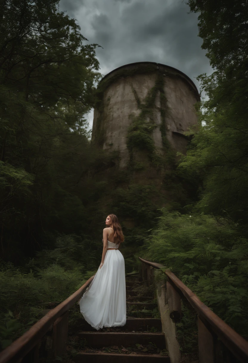 ((top-quality、8K、masterpiece:1.3))、An amusement park、Abandoned amusement park,abandoned amusement park、Broken、dilapidated building、Buildings overgrown with plants、creepy atmosphera,jpn、puddles、Sexy Standing Pose,portrait of a full body(1:1),a 18 year old girl,Slender and slender figure,skinny,As thin as a whip post,Smaller bust,Red shoes,White dress,exhibitionists,face to the viewer、Left and right even face