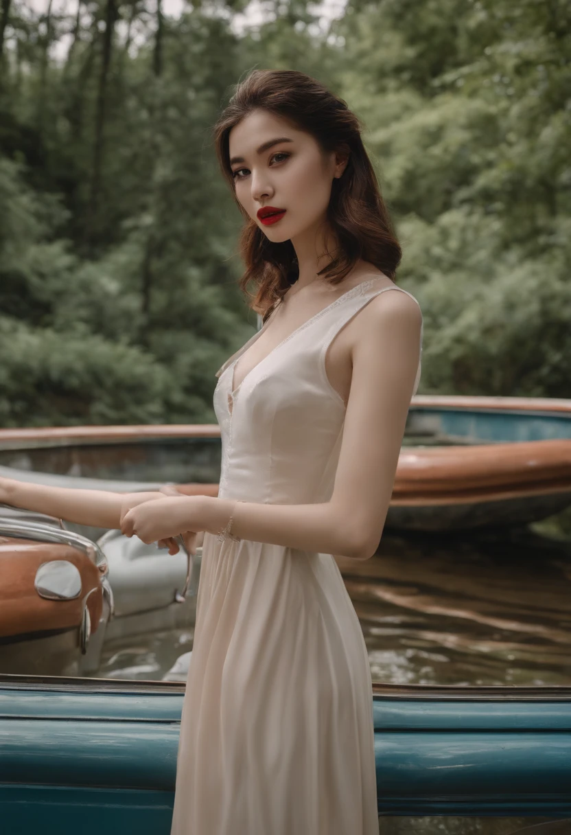 ((top-quality、8K、masterpiece:1.3))、An amusement park、Abandoned amusement park,abandoned amusement park、Broken、dilapidated building、Buildings overgrown with plants、creepy atmosphera,jpn、puddles、Sexy Standing Pose,portrait of a full body(1:1),a 18 year old girl,Slender and slender figure,skinny,As thin as a whip post,Smaller bust,Red shoes,White dress,exhibitionists,face to the viewer、Left and right even face