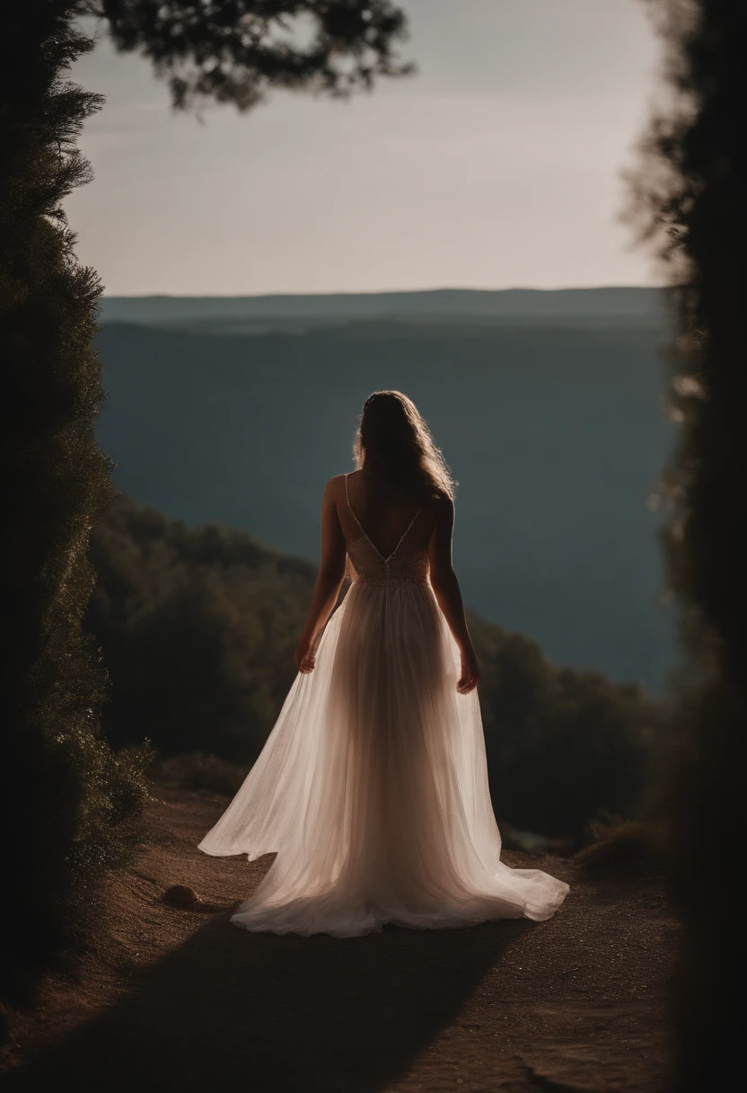 Sophia Lillis, plump body, long braided hair, high fantasy, dancing on a mountain top, billowing sheer dress, seen from behind 