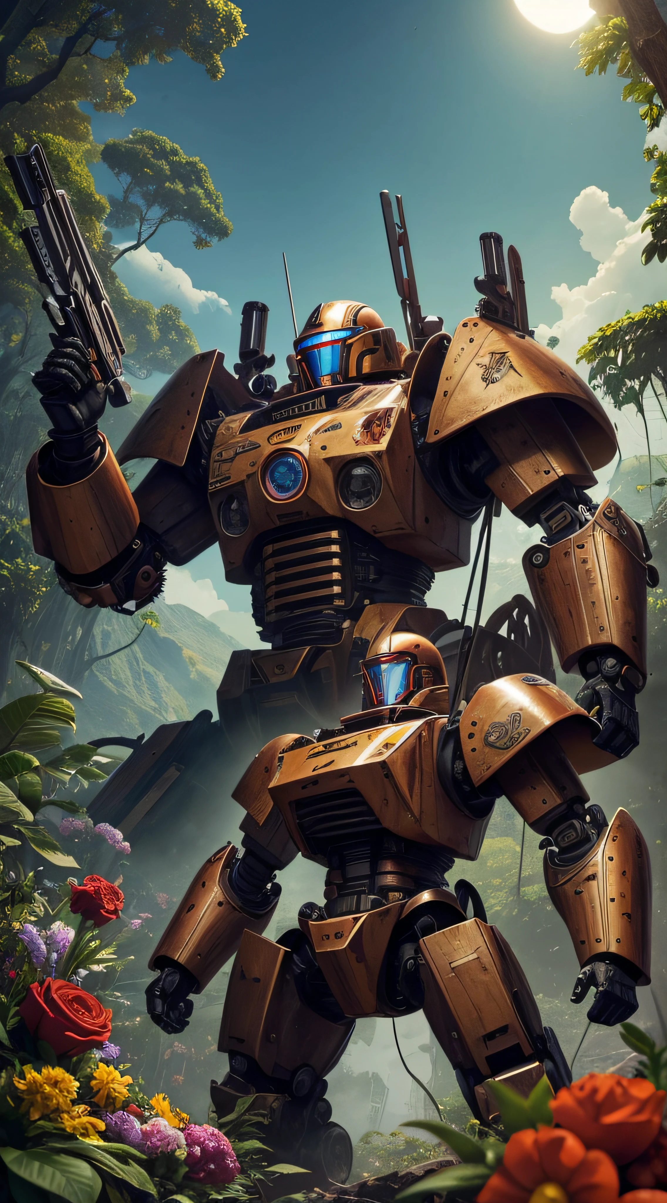 (extremadamente detallado, obra maestra, La mejor calidad, foto antigua, principios de siglo, VHS Aesthetics) Great retro robot with blood in robotic hands. Armas grandes, cannons on his back. motosierras. In the middle of a strange jungle. Vegetables from another dimension. Epic flowers far away, organic trees with meat. Luz noche.