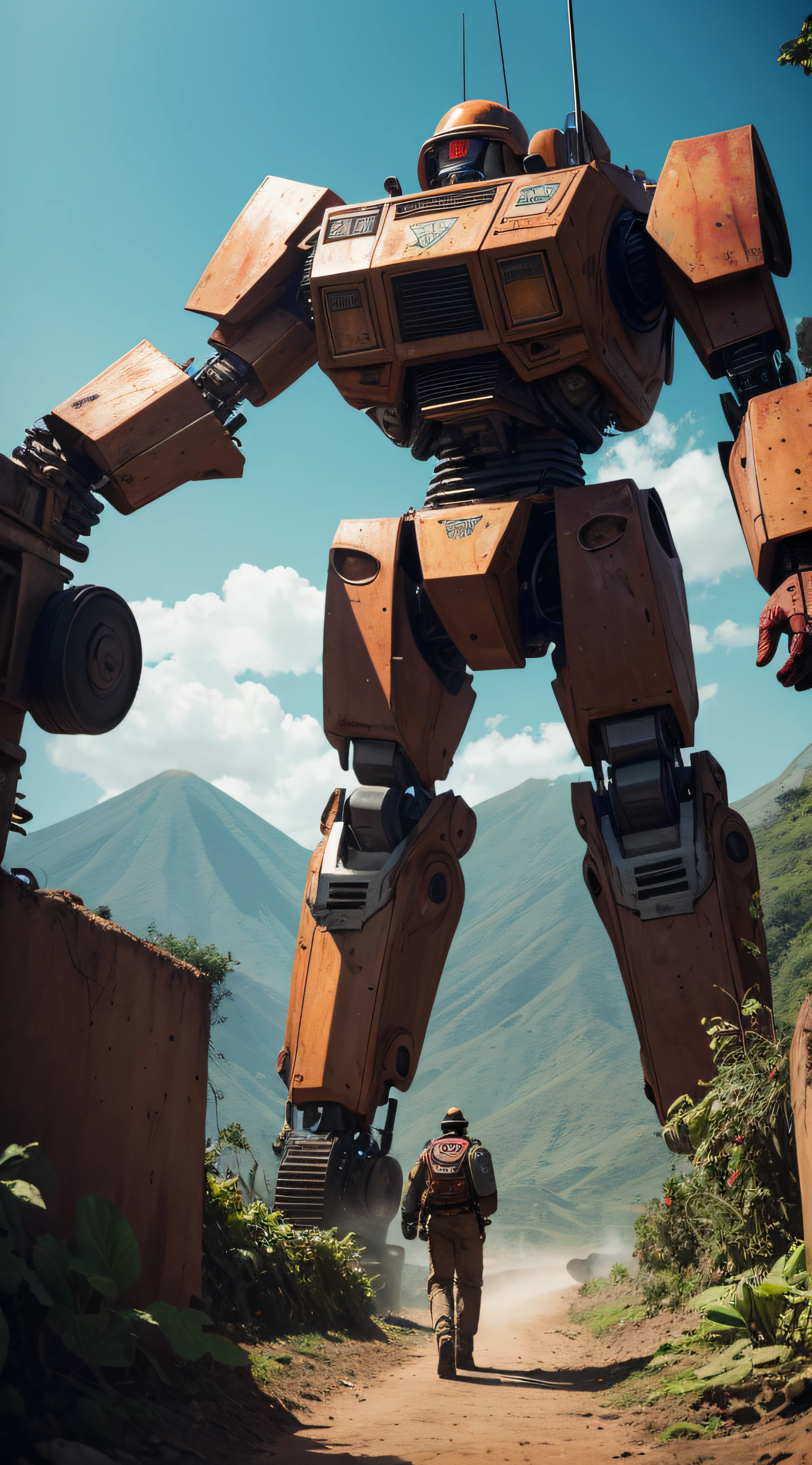 (extremadamente detallado, obra maestra, La mejor calidad, foto antigua, principios de siglo, VHS Aesthetics) Great retro robot with blood in robotic hands. Armas grandes, cannons on his back. motosierras. In the middle of a strange jungle. Vegetables from another dimension. Epic flowers far away, organic trees with meat. Luz noche.