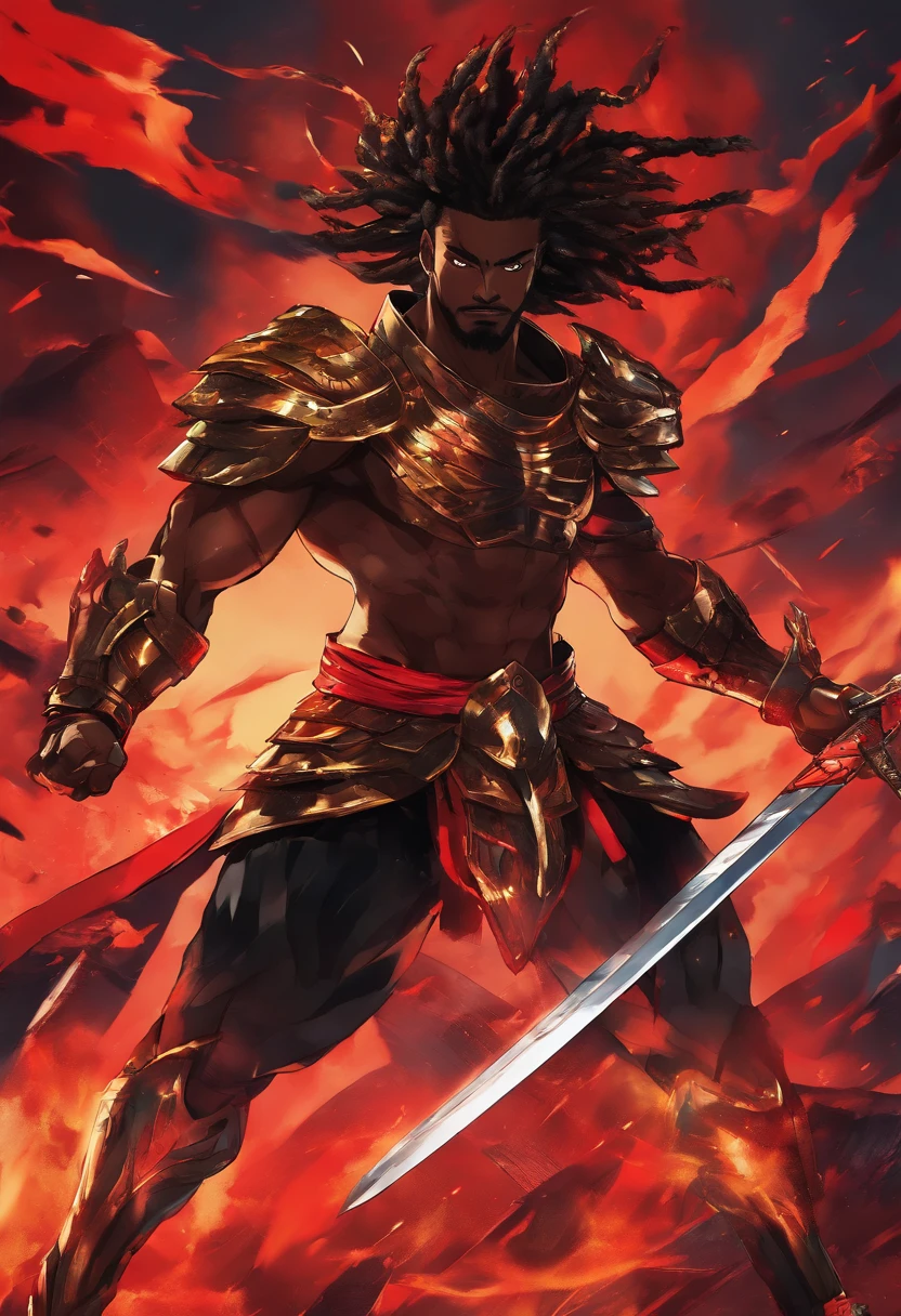(african man, evil, angry:1.1), sword, (japanese outfit:1.1), fighting, intense expression, menacing presence, dramatic lighting, dark background, (detailed face:1.1), (muscular build:1.1), (fiery eyes:1.1), (intense stare:1.1), (sharp jawline:1.1), (flowing dreadlocks:1.1), (sinister smile:1.1), (sinister aura:1.1), (powerful pose:1.1), (dynamic movement:1.1), (sharp katana sword:1.1), (gleaming blade:1.1), (authentic samurai attire:1.1), (intricate armor details:1.1), (highlighted muscle definition:1.1), (striking red and black color scheme:1.1), (epic battle atmosphere:1.1), (cinematic action scene:1.1), (dynamic composition:1.1), (epic moment:1.1), (powerful strokes:1.1), (high-resolution details:1.2), (vibrant colors:1.1), (masterpiece:1.2)