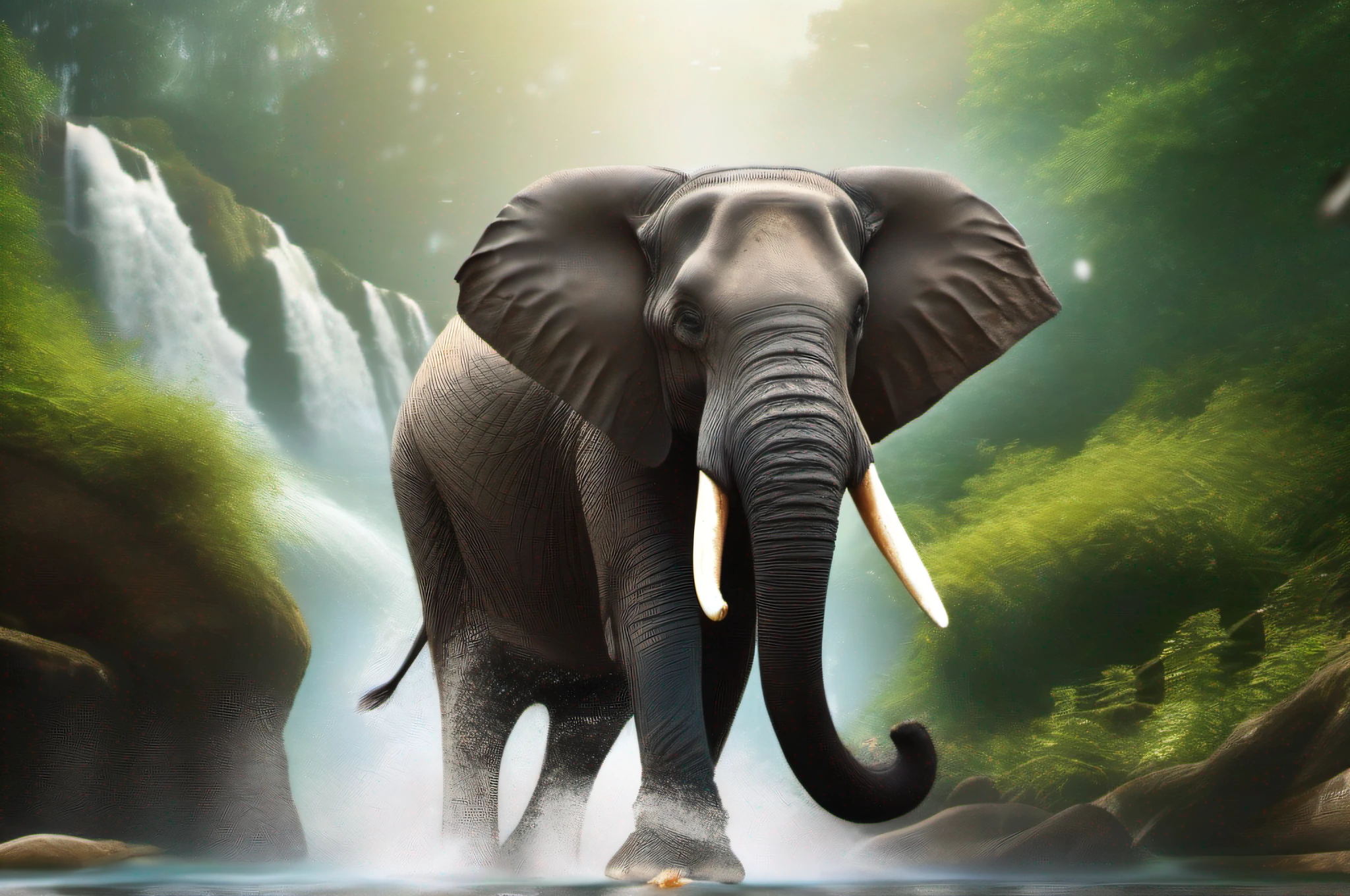 (best quality, 4k, high resolution), (masterpiece: 1.2), (ultra detailed: 1.3), (realistic: 1.4), landscape, portrait, (an elephant bathing under a waterfall: 1.5), elephant, bathing, waterfall ,wet skin,bright,different details,water drops,serene expression,giant ears,curved fangs,majestic,soft and lush vegetation,water splashes,refreshing,calm,misty atmosphere,sound of running water,harmonious colors,sunlight soft, captivating scene, peaceful, calming, serenity, impressive