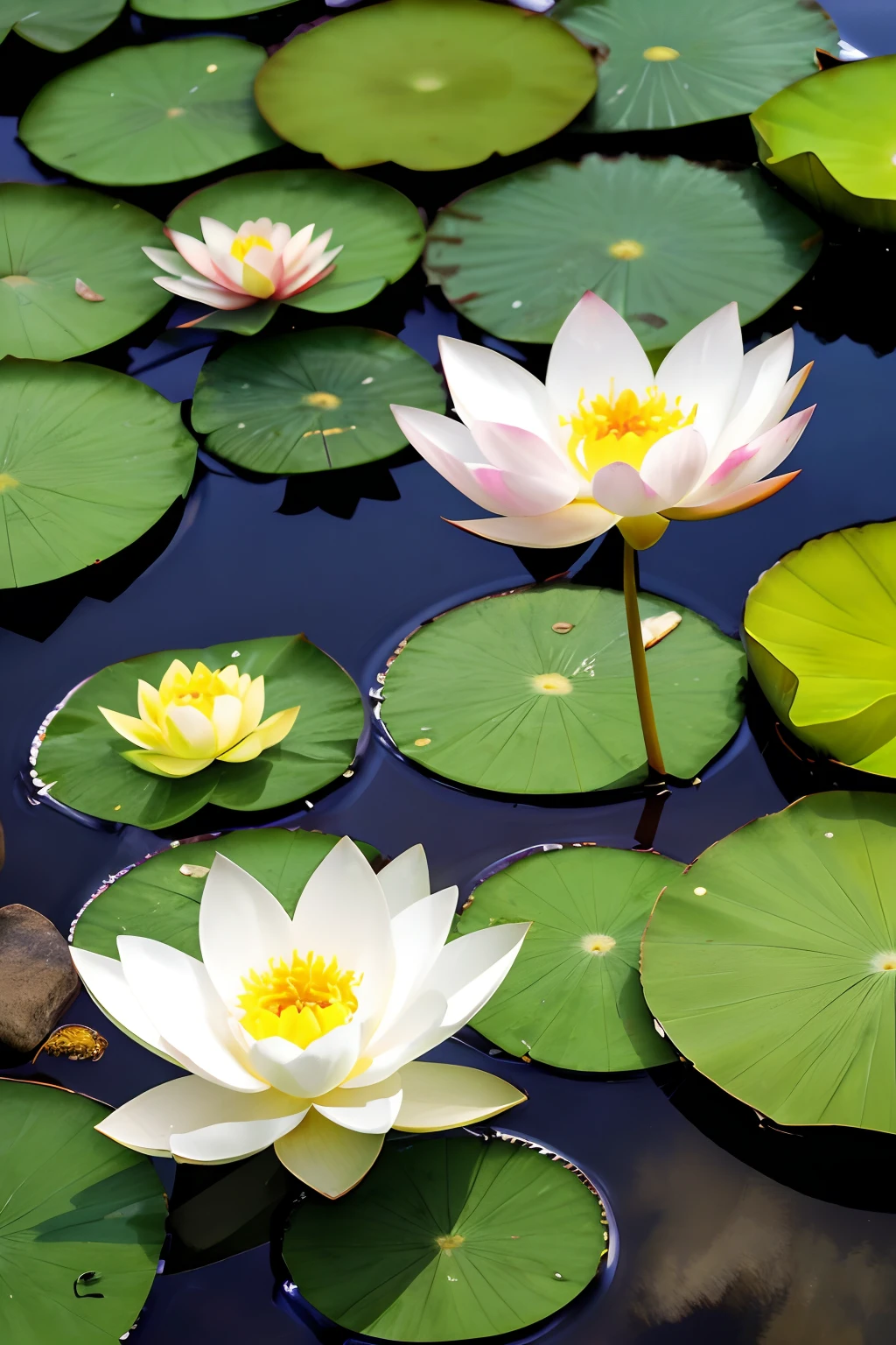 Pond in summer，Like a mirror，Reflecting the blue sky, white clouds and green trees。Lotus flowers are delicate，Exudes a light aroma。The lotus leaves sway，Shades the sun from time to time，Sometimes it comes to the surface。

above water，Dragonflies fly low，Dancing with a light figure。Fish frolic freely in the water，There were ripples。The frog jumps onto the lotus leaf，Make a crisp call，Intertwined with cicada song，Form a wonderful summer symphony。

Under the water，Crabs weave through muddy silt，Wielding mighty pincers。Under the lotus leaf，The lotus blooms into a delicate smile，It's like telling the story of summer。On lotus leaves，Dew slipped off，Stir up layers of splashes，Like nectar in the morning。

On this hot summer day，Every grass and tree in the pond is particularly lively and interesting。Whether it's lotus viewing or fishing，Or simply sit by the lake，Feel the breath of nature，It's a rare pleasure and enjoyment。