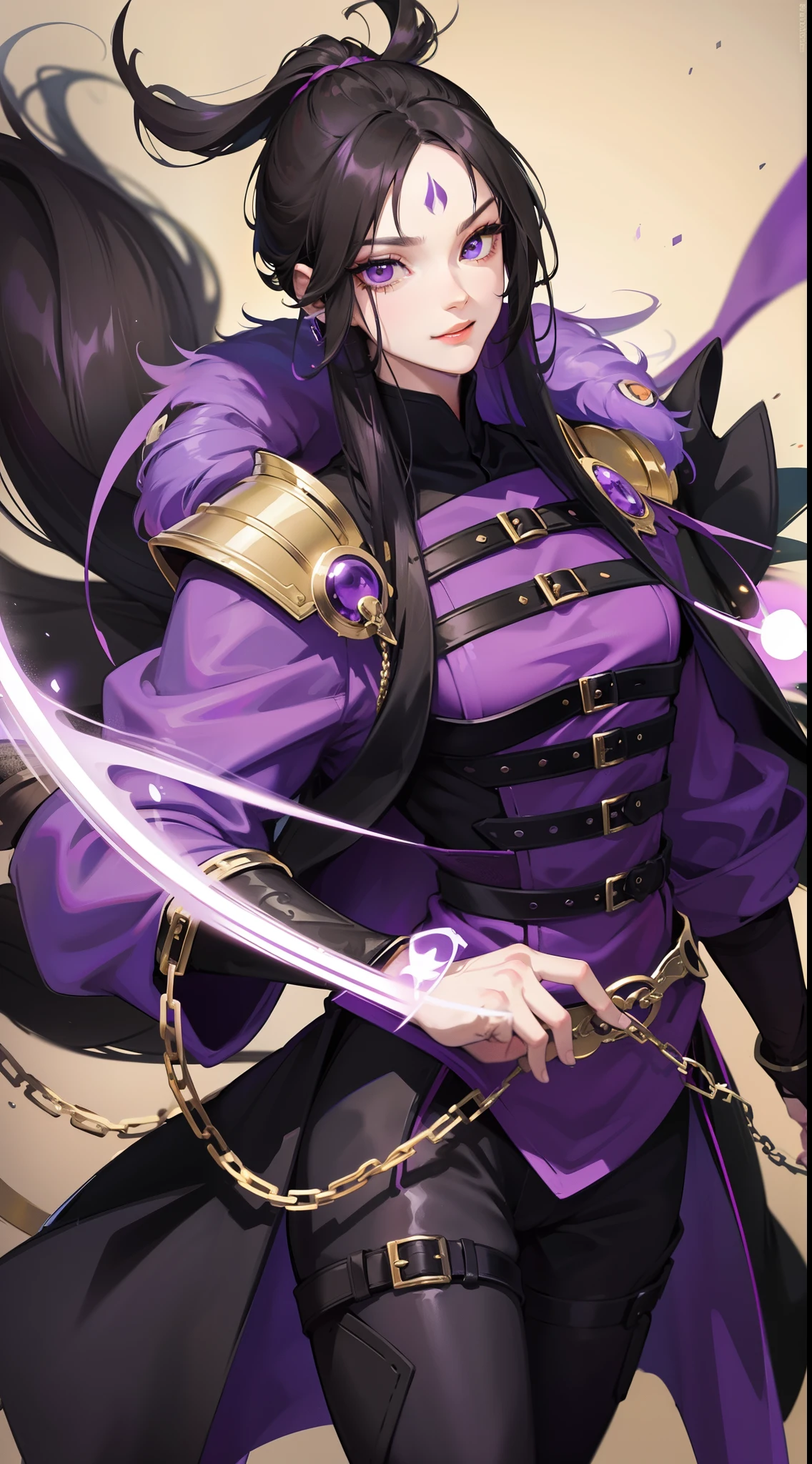 Grown-up guy, Long black hair, violet eyes, smirk, Fiadem, Purple Royal Ninja, Gold Elements, Masterpiece, hiquality, 4k, HD, Good detail