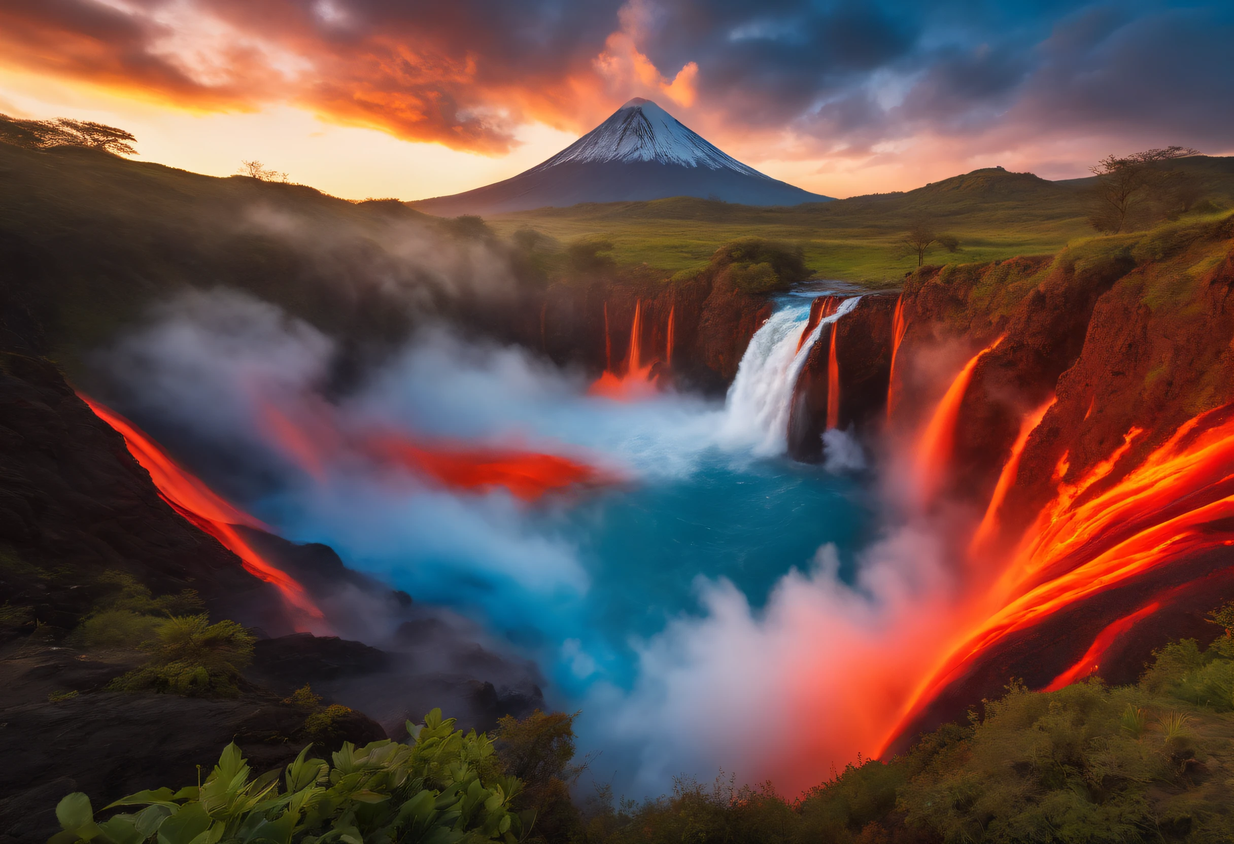 National Geographic style picture, Award winning,(best detailed: 1.5), an picture of an epic sized waterfall in the volcano at midday , an (epic sized waterfall: 1.3), water coming down from a volcanic cliff, multi level water falls, several pools created in different levels, forming new waterfalls, water cascading into a (large lava pool: 1.3) steam rising, clear water in many hues of blue and azure falling, hitting a pool of lava in colors of orange and red, boiling lava, you can see the water hitting the pool and (steam of fog rising from the pool: 1.2) , drops of water splashing around, volcanic cliff background, a long shot, photorealistic, 16k, RAW, award winning, (best detailed: 1.5), masterpiece, best quality, (best detailed: 1.3), full body, ultra wide shot