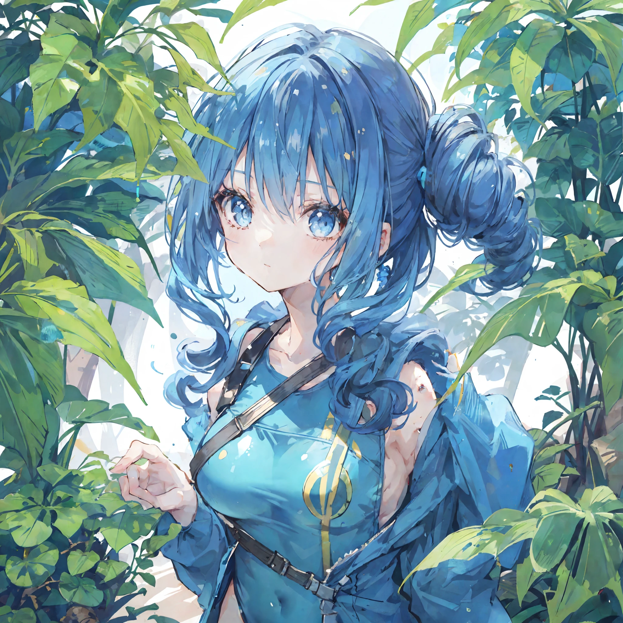 1girl,jungle,:|,beehive hairdo,eye reflection,casual one-piece swimsuit,blue theme hair,