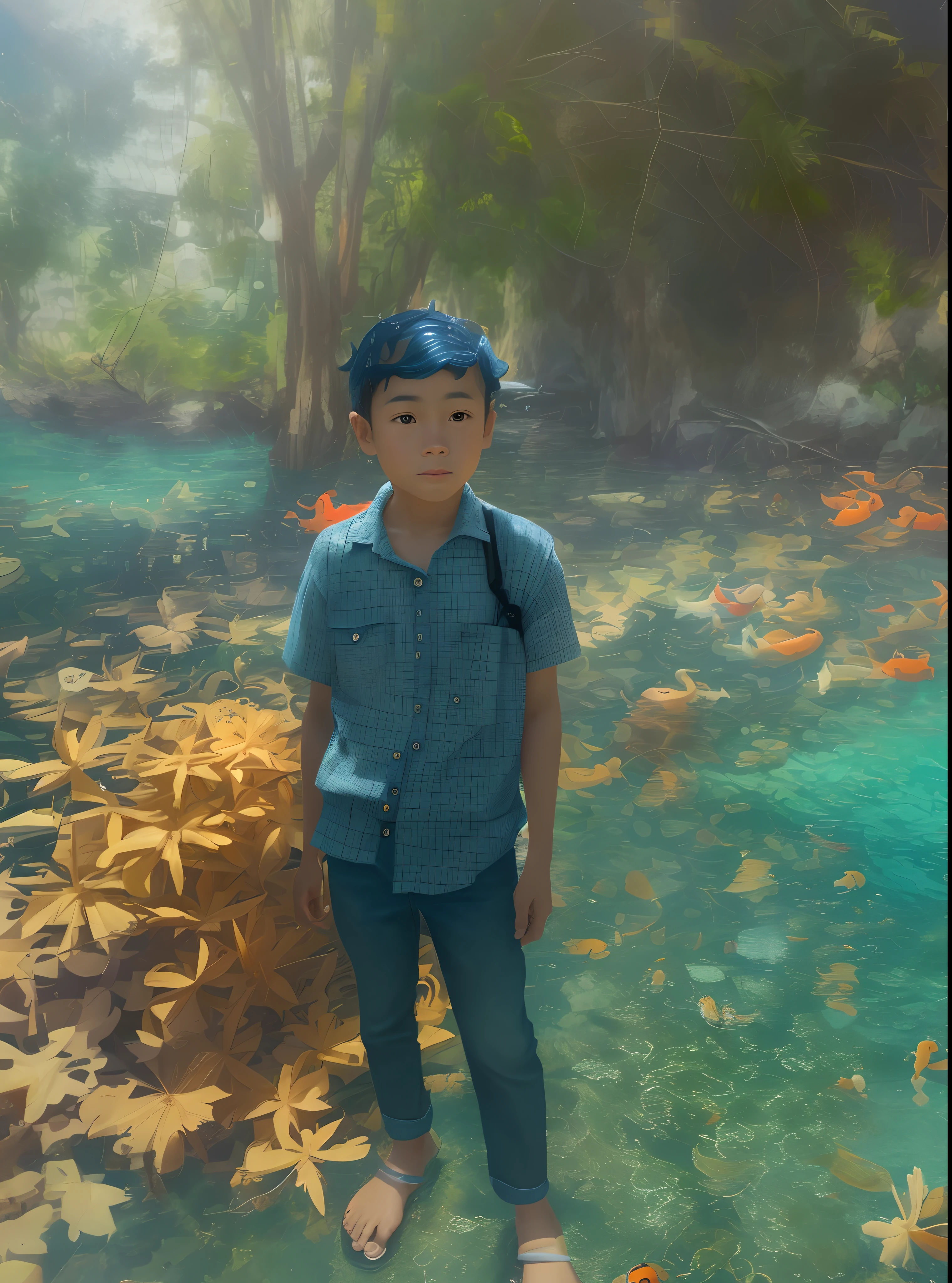 movie picture quality，Disney animation style，A little boy swims in the sea with a koi in his arms，short detailed hair，Denim suspenders，The barefoot，depth of fields，high light，Real light，Ray traching，oc rendered，Hyper-realistic，best qualtiy，8K，Works of masters，super-fine，Detailed pubic hair，Correct ???????，sharp focus on eyes，Bokeh，Facial features are carefully depicted